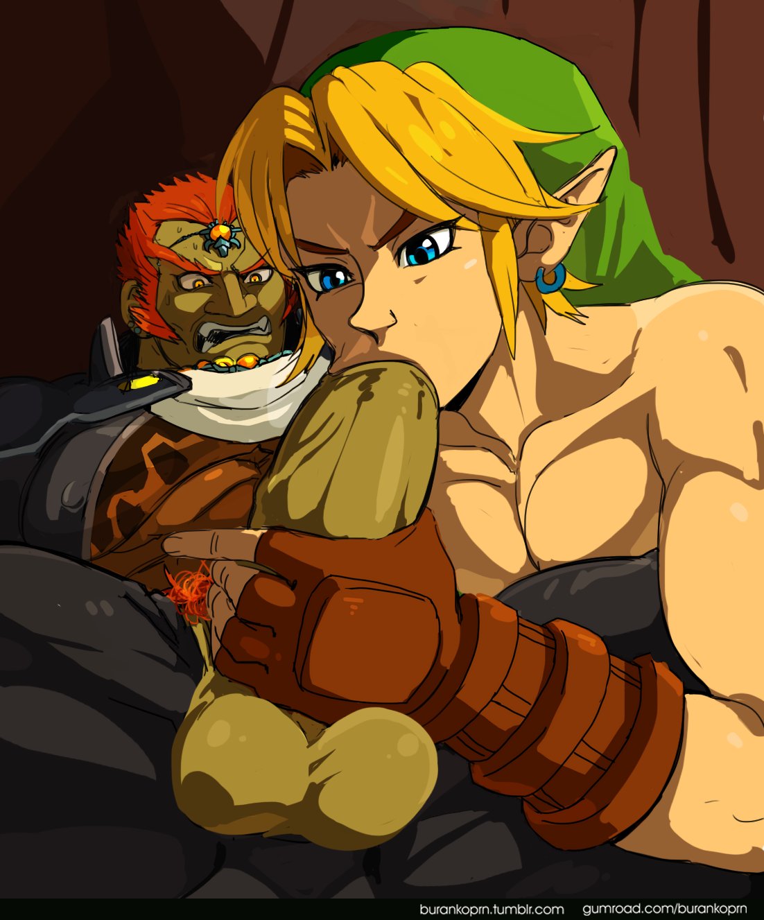 2boys, amber eyes, balls, bara, big balls, big pecs, big penis, blonde hair, blowjob, blowjob face, blue eyes, boner, burankoprn, cap, cock gobble, cock hungry, cum hungry, daddy, dilf, ear studs, earrings, erect nipples, erection, exposed nipples, fingerless gloves, forehead jewel, foreskin, ganondorf, ganondorf (ocarina of time), gay, giving head, gloves, going down on, green skin, handjob, handjob while sucking, handjob with gloves, holding penis, huge cock, hylian, interspecies, jewelry, link, link (ocarina of time), male, male only, mouthful, muscular, muscular male, nintendo, nipples, ocarina of time, oral sex, pants open, penis, penis in mouth, penis out, pierced ears, pointed ears, pubic hair peek, red hair, sideburns, sucking, sucking off, sucking tip, the legend of zelda, uncircumcised, uncut, veiny penis, video games, yaoi, yellow eyes