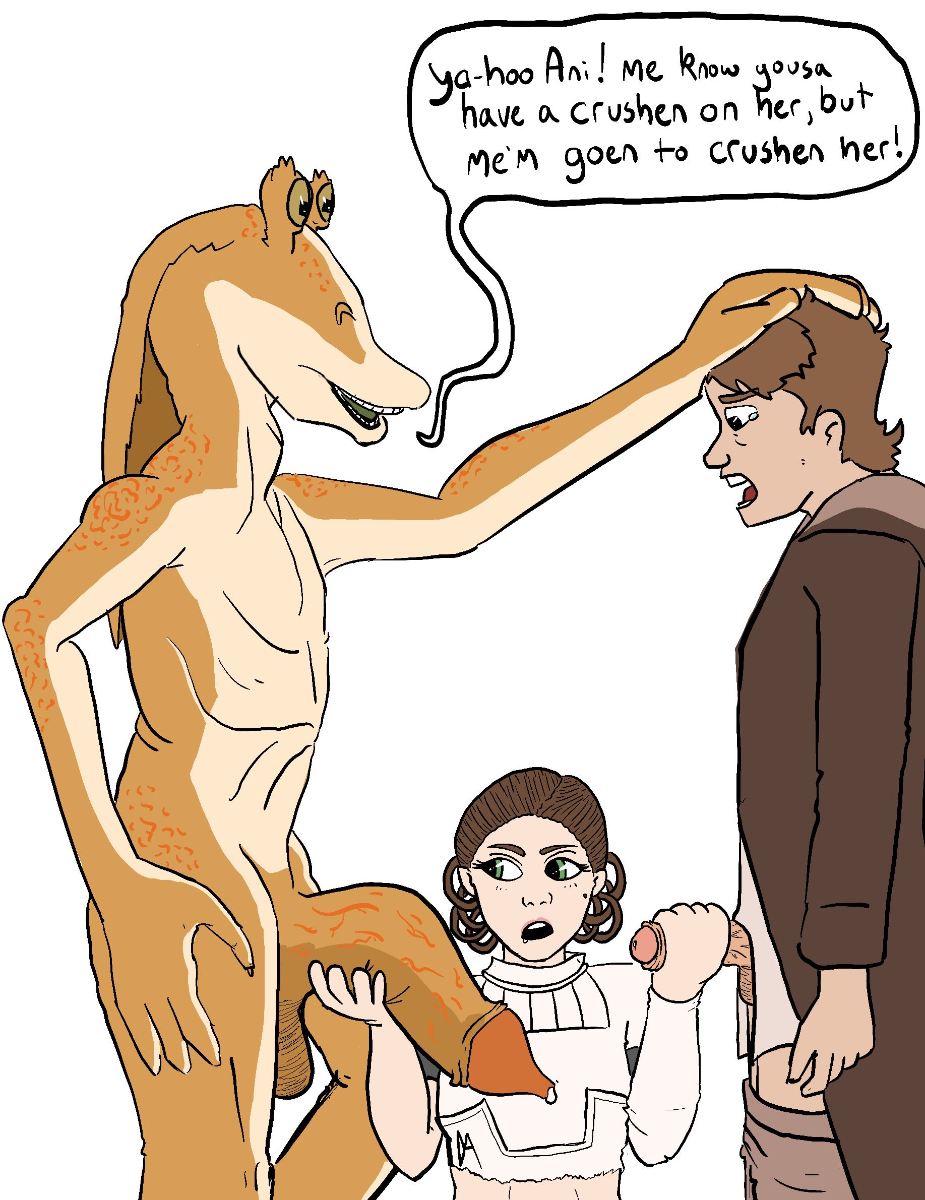 1girls, 2boys, alien, anakin skywalker, artist request, big cock, big penis, brown hair, cock comparison, comparing, comparing penis, female, funny, gungan, huge cock, jar jar binks, large cock, large penis, male, padme amidala, penis, small cock, small penis, small penis humiliation, sph, star wars