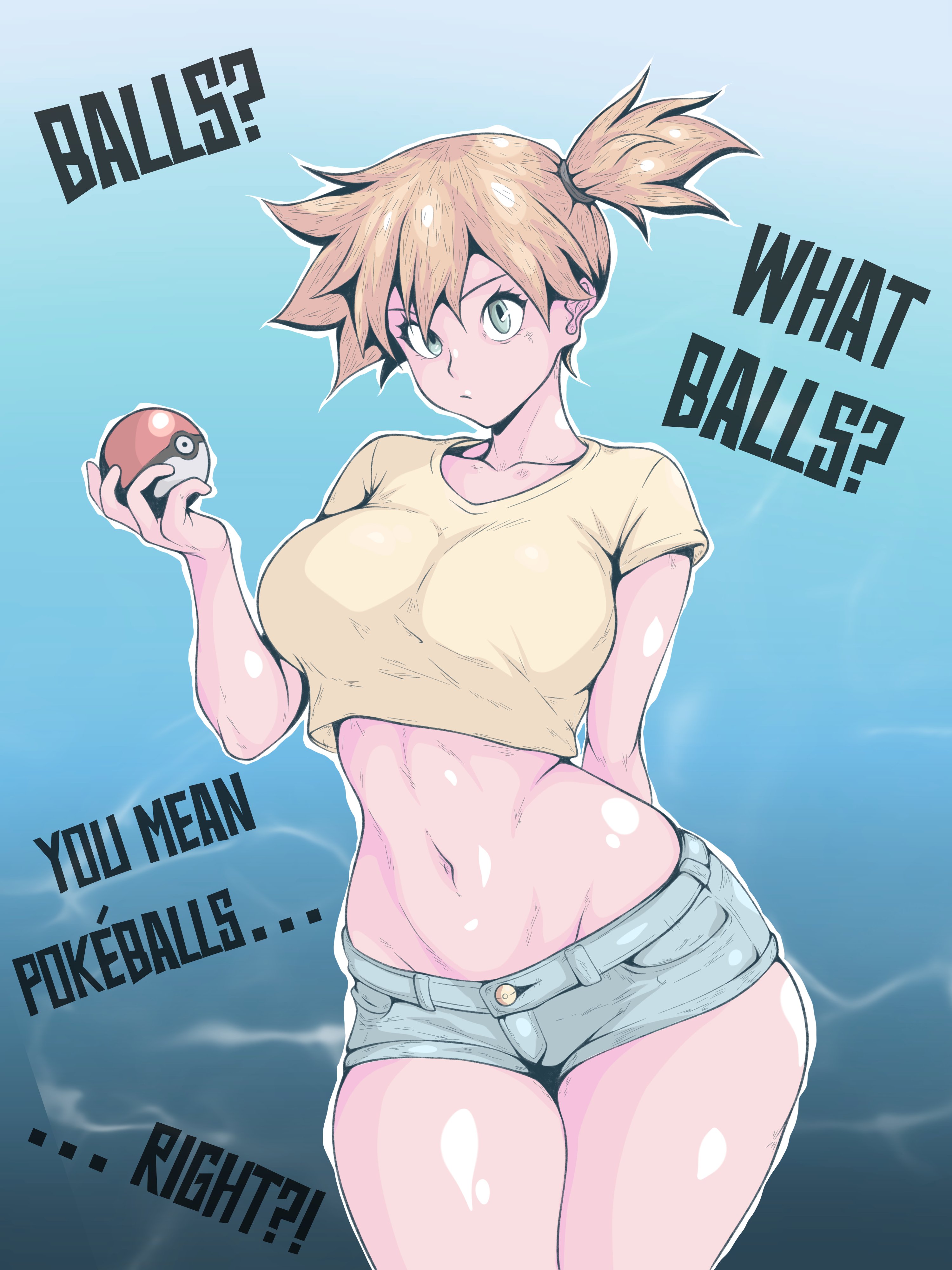 arm behind back, asymmetrical hair, blush, breasts, bzzch, clothing, crop top, denim, denim shorts, english language, english text, female, female only, green eyes, gym leader, high resolution, holding, holding object, holding poke ball, kasumi (pokemon), large breasts, looking at viewer, midriff, navel, orange hair, poke ball, poke ball (basic), pokemon, pokemon character, pokemon species, ponytail, shirt, short hair, short shorts, shorts, side ponytail, solo, standing, text, thick thighs, thighs, tied hair, very high resolution, wide hips, yellow shirt