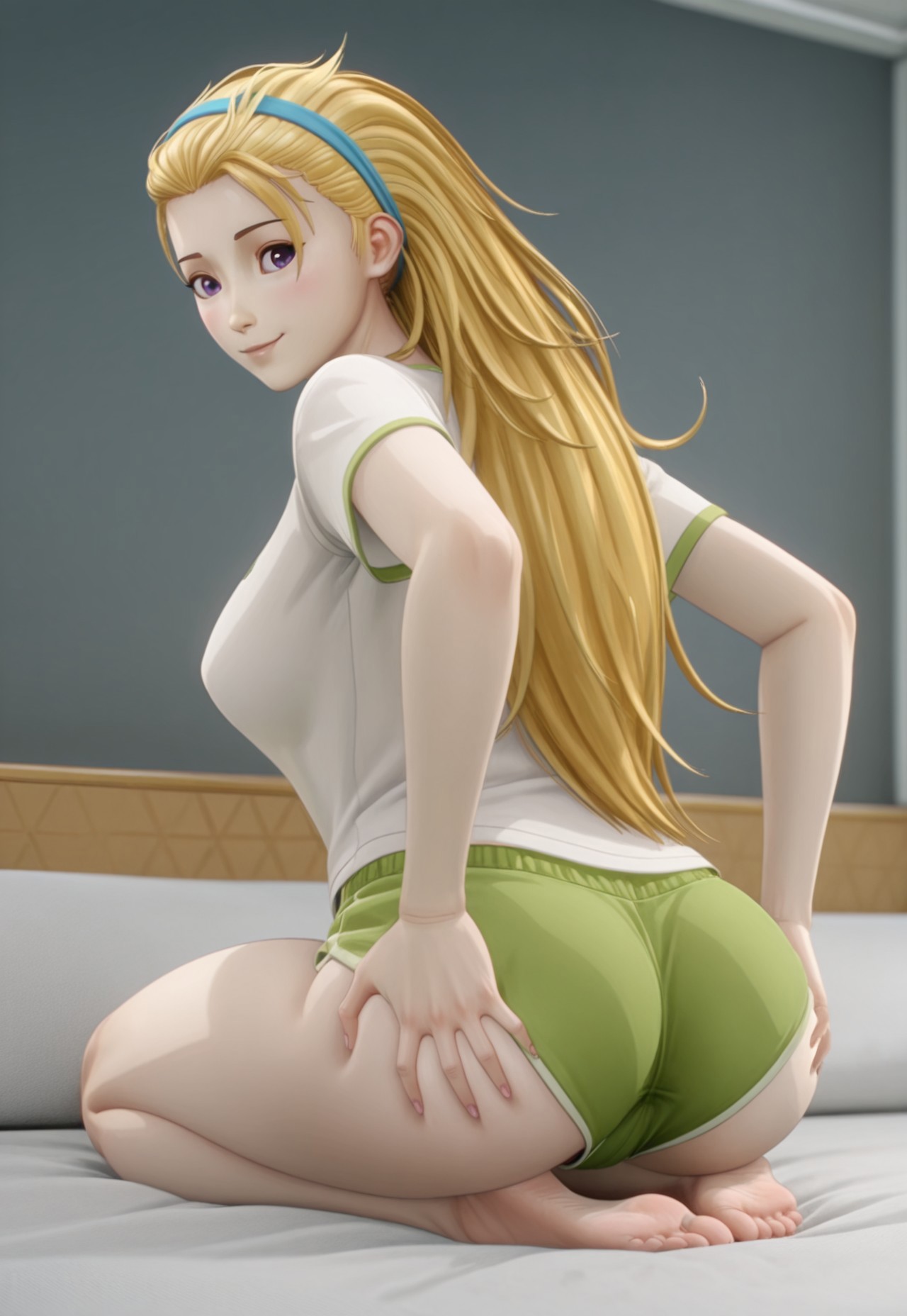 1girls, ai generated, ass, ass grab, bedroom, big ass, blonde hair, blush, breasts, feet, female, female only, green, hair back, hair band, hairband, long hair, messy hair, moon (to be hero x), on bed, pale skin, purple eyes, seiza, shirt, short shorts, shorts, side boob, sitting, smile, survebeak46, t-shirt, thighs, to be hero x, white, xiao yueqing