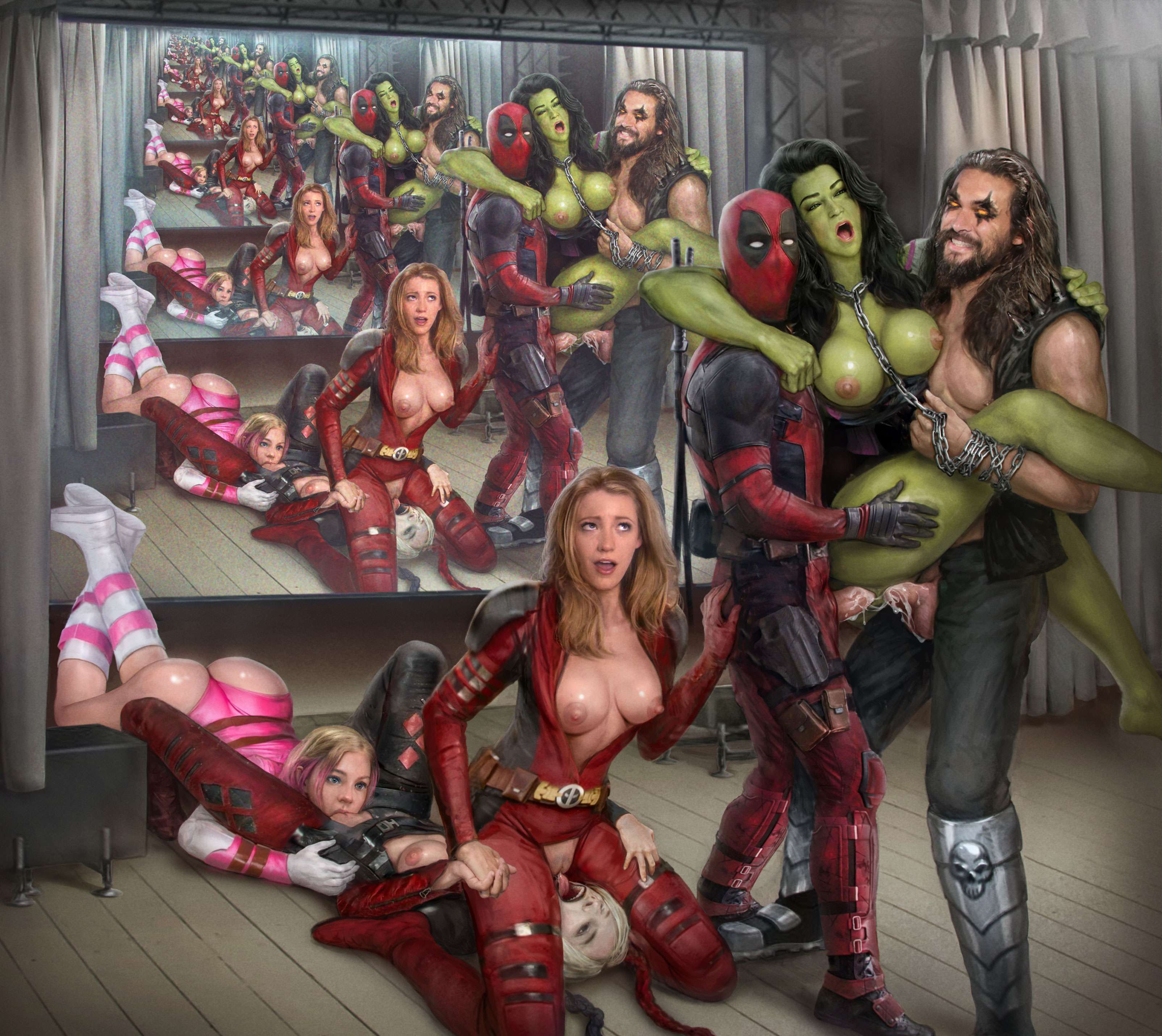 2boys, 4girls, amelodyj, anal, anal sex, blake lively, breaking the fourth wall, chain leash, crossover, cunnilingus, dc, dc comics, dceu, deadpool, deadpool (film), deadpool & wolverine (2024), double penetration, eating pussy, female, female/female, fff threesome, gangbang, gwenpool, harley quinn, harley quinn (margot robbie), holding partner, jason momoa, jennifer walters, lady deadpool, lesbian sex, licking, licking pussy, lobo (dc), lying on back, lying on ground, male, male/female, margot robbie, marvel, marvel cinematic universe, marvel comics, masculine, mcu, mirror, mirror reflection, mise en abyme, mmf threesome, multiple boys, multiple females, multiple girls, multiple males, orgasm, orgasm face, orgy, pussy, ryan reynolds, she-hulk, she-hulk: attorney at law, standing sex, text bubble, the suicide squad, threesome, tongue, vagina, vaginal penetration, vaginal sex, wade wilson, wanda wilson, yuri