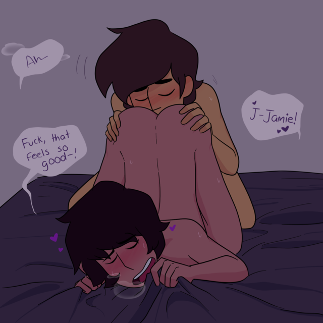 2boys anilingus ass_up bed bed_sheet blush breath cartoon_network closed_eyes duo english_text gay glitter-bite heart jamie_(steven_universe) kevin_(steven_universe) licking_anus male male_only night oral sex short_hair steven_universe text