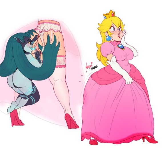 2girls, anus, ass, big ass, blue hair, breasts, crossover, cunnilingus, drooling, female, finger in ass, fingering, garter belt, garter straps, high heels, lesbian, long hair, mario (series), muffin top, multiple females, multiple girls, nagainosfw, nintendo, oc, panties, pointy ears, princess, princess peach, pussy, red eyes, the legend of zelda, thighhighs, twili, twilight princess, upskirt, white background, yuri