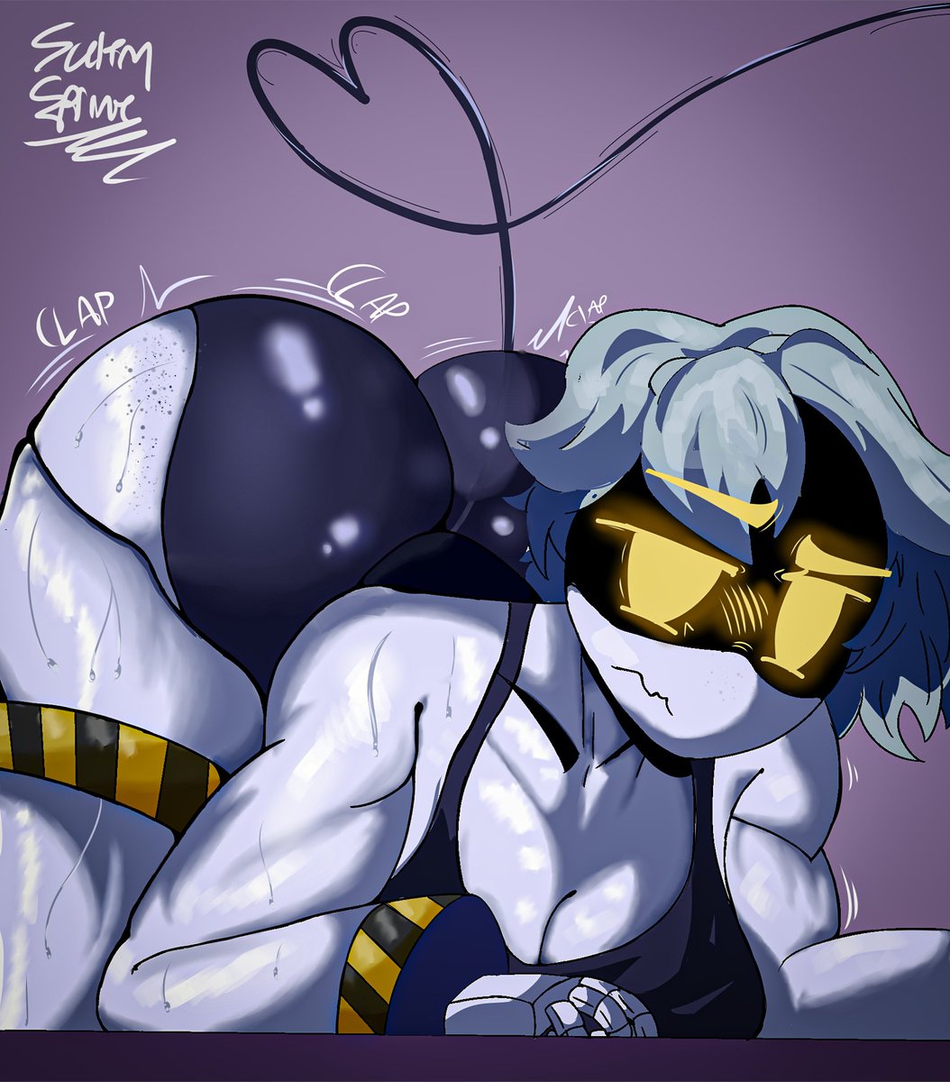 1girls, ass, ass bigger than head, ass focus, ass up, big ass, big breasts, breasts, disassembly drone, female, female focus, female only, glitch productions, looking at viewer, murder drones, plain background, solo focus, sultryspline, sweat, sweating, thick ass, thick thighs, v (murder drones)