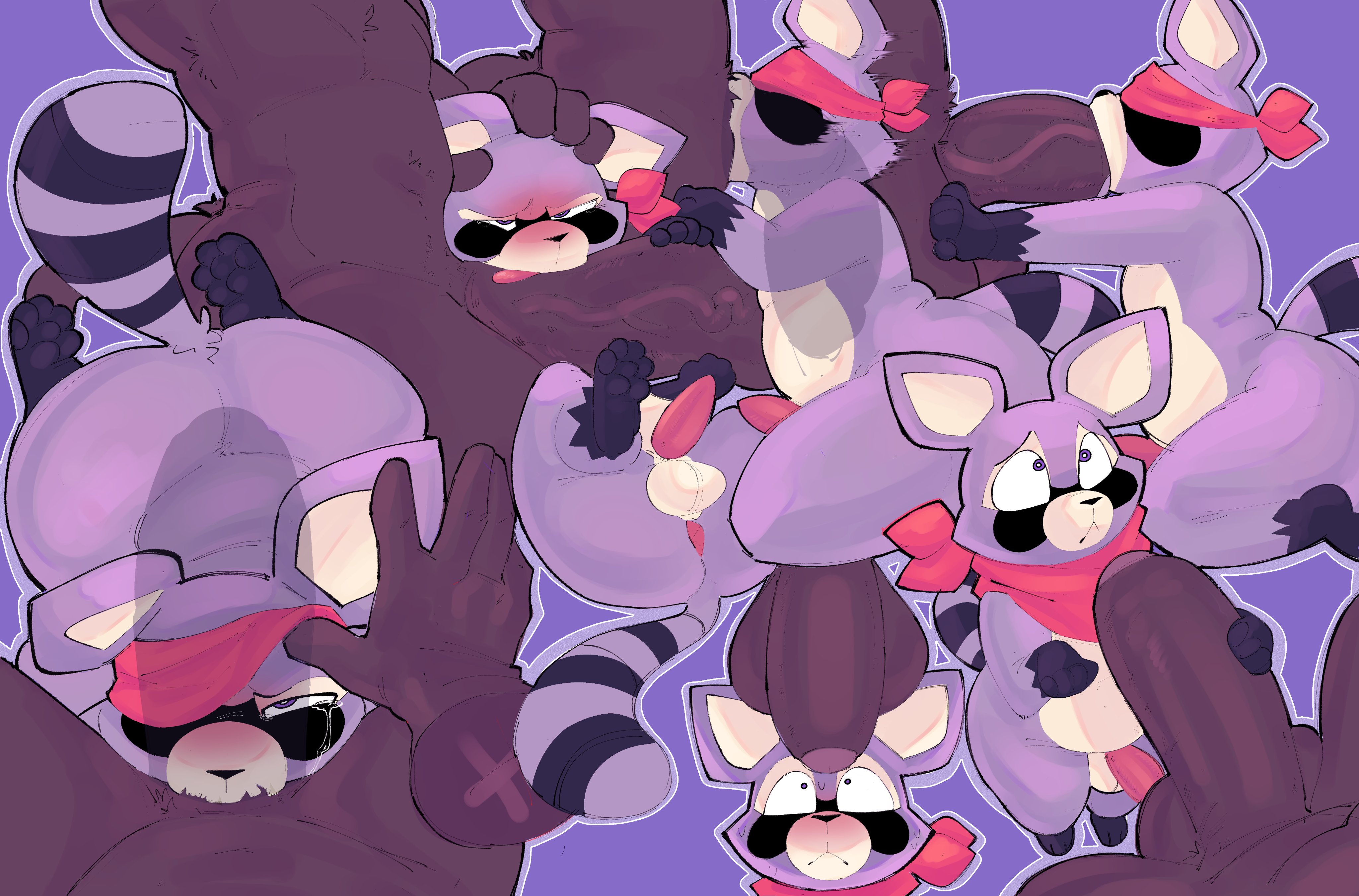 anthro, anthro on anthro, anthro penetrated, anthro penetrating, anthro penetrating anthro, biped, black body, black nose, bodily fluids, brown body, brown fur, duo, feet, fingers, fur, indigo park, looking at viewer, male, male only, male penetrating, mammal, multicolored body, oral, oral penetration, penetration, procyonid, purple body, purple eyes, purple fur, raccoon, rambley raccoon, sex, simple background, soles, sushiamazing, tears, thick thighs, wide hips