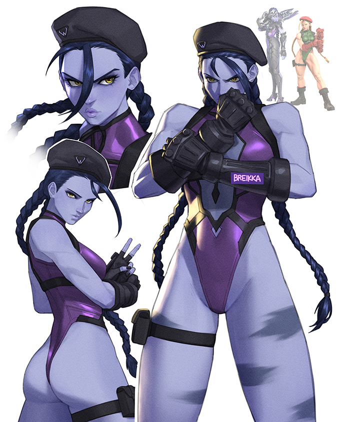 ass, bodypaint, breikka, cammy white (cosplay), cammy widowmaker, capcom, cosplay, fat ass, overwatch, overwatch 2, purple hair, purple skin, skin tight, street fighter, street fighter 6, thick thighs, thighs, widowmaker, yellow eyes