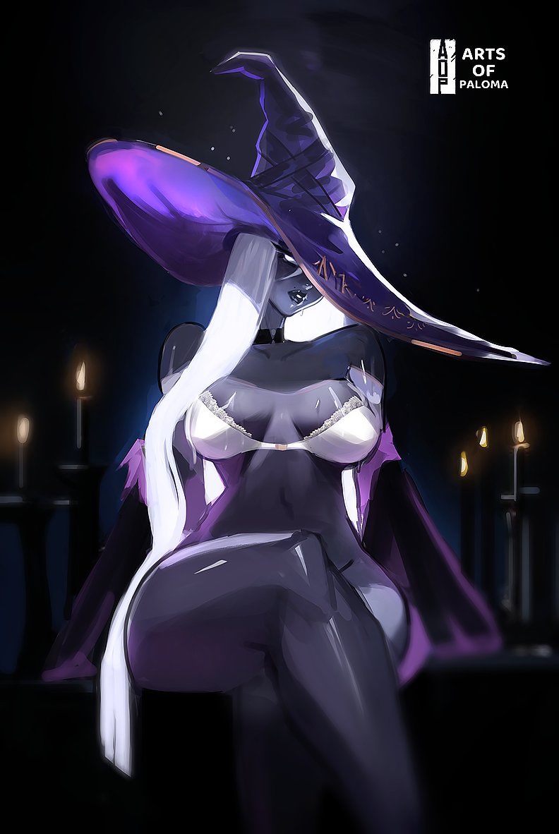 1girls, arts of paloma, bra, breasts, candle, candlelight, candles, clothing, elden ring, elden ring nightreign, female, fromsoftware, hat, long hair, recluse (nightreign), solo, thick thighs, white eyes, white hair, wide hips, witch hat