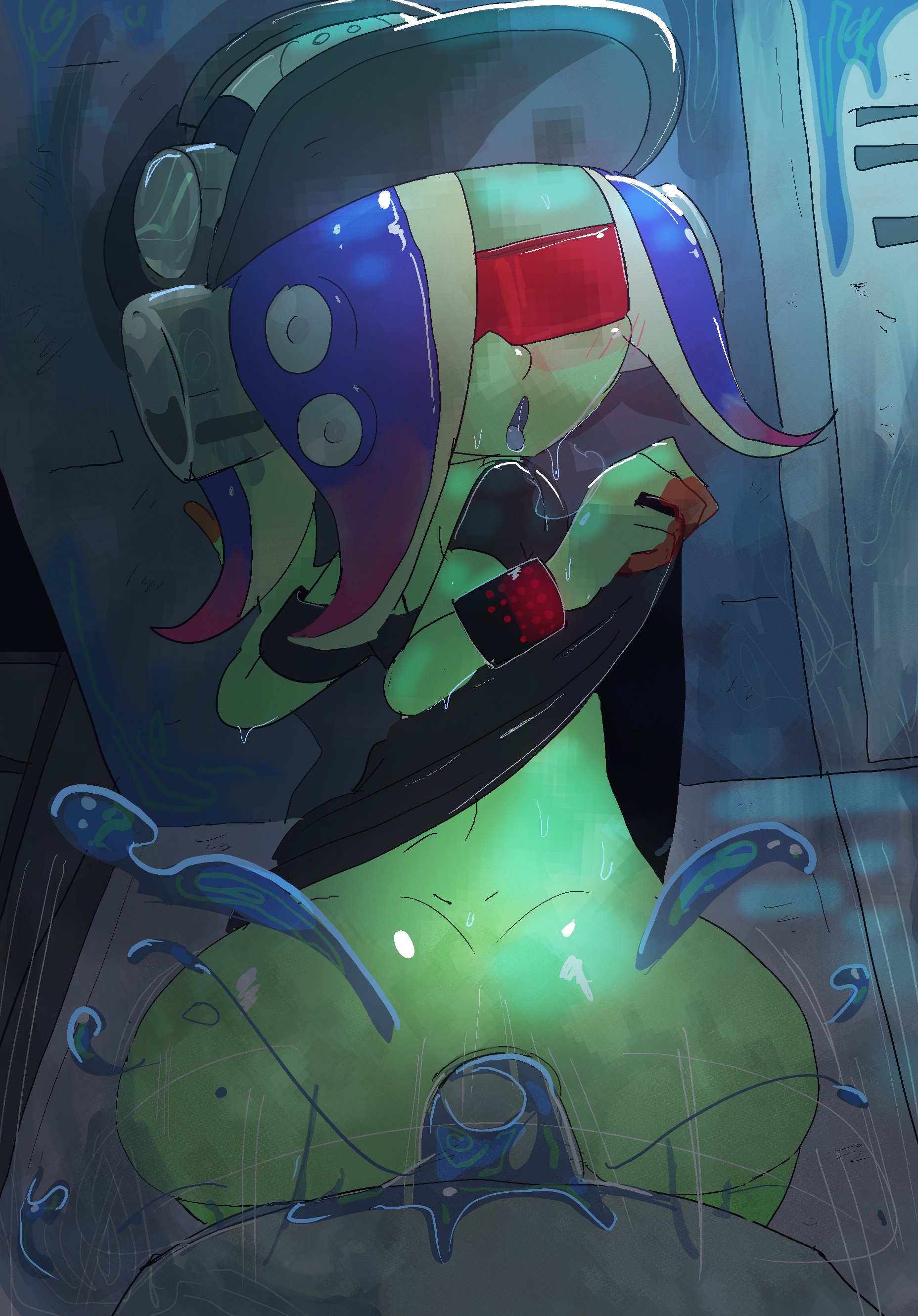 acht (splatoon), anal, anonymous male, blue hair, blush, dedf1sh, female, forbiddenchees8, from behind, from behind position, glasses, green skin, hat, humanoid, looking back, male, male/female, nintendo, octoling, red glasses, sex, shirt, splatoon, splatoon (series), splatoon 3, splatoon 3: side order, straight, tagme, tentacle, tentacle hair, two-tone hair, unseen male face