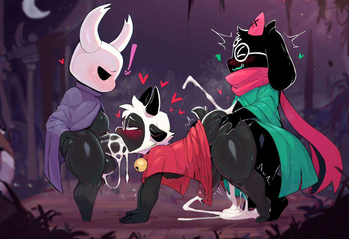 2025, 3boys, absurd res, ai generated, all fours, anal, anthro, anthro penetrated, arthropod, ass, balls, big ass, big balls, big penis, black body, black fur, blush, bodily fluids, bottom heavy, bottomless, bovid, breasts, caprine, cloak, clothed, clothing, cult of the lamb, cum, cum in ass, cum in mouth, cum inside, cum while penetrated, cumshot, deltarune, ejaculation, exclamation point, eyewear, fellatio, foreskin, from behind position, furry, gay, genital fluids, genitals, girly, glasses, goat, group, group sex, heart, hellsonger, hi res, hollow knight, horn, horns, huge ass, huge cock, huge penis, humanoid genitalia, humanoid penis, lamb (cult of the lamb), long penis, looking pleasured, male, male only, male penetrated, male penetrating, male/male, mammal, oral, orgasm, orgasm face, penetration, penile, penis, ralsei, robe, sex, small but hung, spitroast, surprise, the knight (hollow knight), thick penis, thick thighs, trio, uncircumcised, yaoi