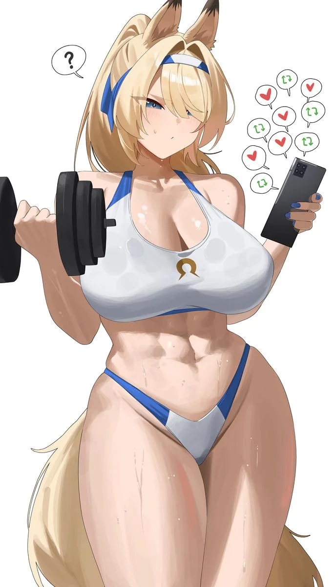 1girl, blue nails, cellphone, colored nails, horse ears, horse girl, like and retweet, long hair, painted nails, phone, sigrid (zenless zone zero), sigrid de l'azur, smartphone, solo, solo female, solo focus, weightlifting, wide hips, zenless zone zero