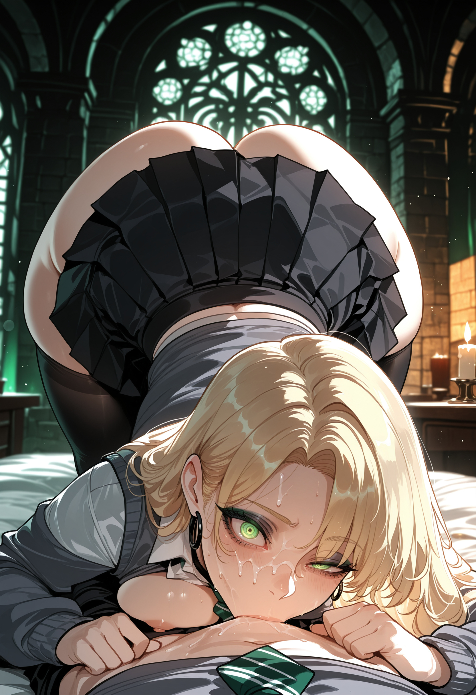 1boy, 1girl, 1girls, ai assisted, ai generated, all fours, ass, big ass, black legwear, blonde hair, blush, breasts, cum, curvaceous, curvy, curvy female, curvy figure, draco malfoy, draco malfoy (redteneri), duo, earrings, facial, female, green eyes, harry potter, indoors, jewelry, light-skinned female, light-skinned male, long hair, looking at viewer, male, medium breasts, miyuai, mole, panties, penis, pleated skirt, skirt, sweat, thick, thick ass, thick butt, thick hips, thick legs, thick thighs, thighhighs, top-down bottom-up, underwear, voluptuous, voluptuous female, wide hips, wide thighs