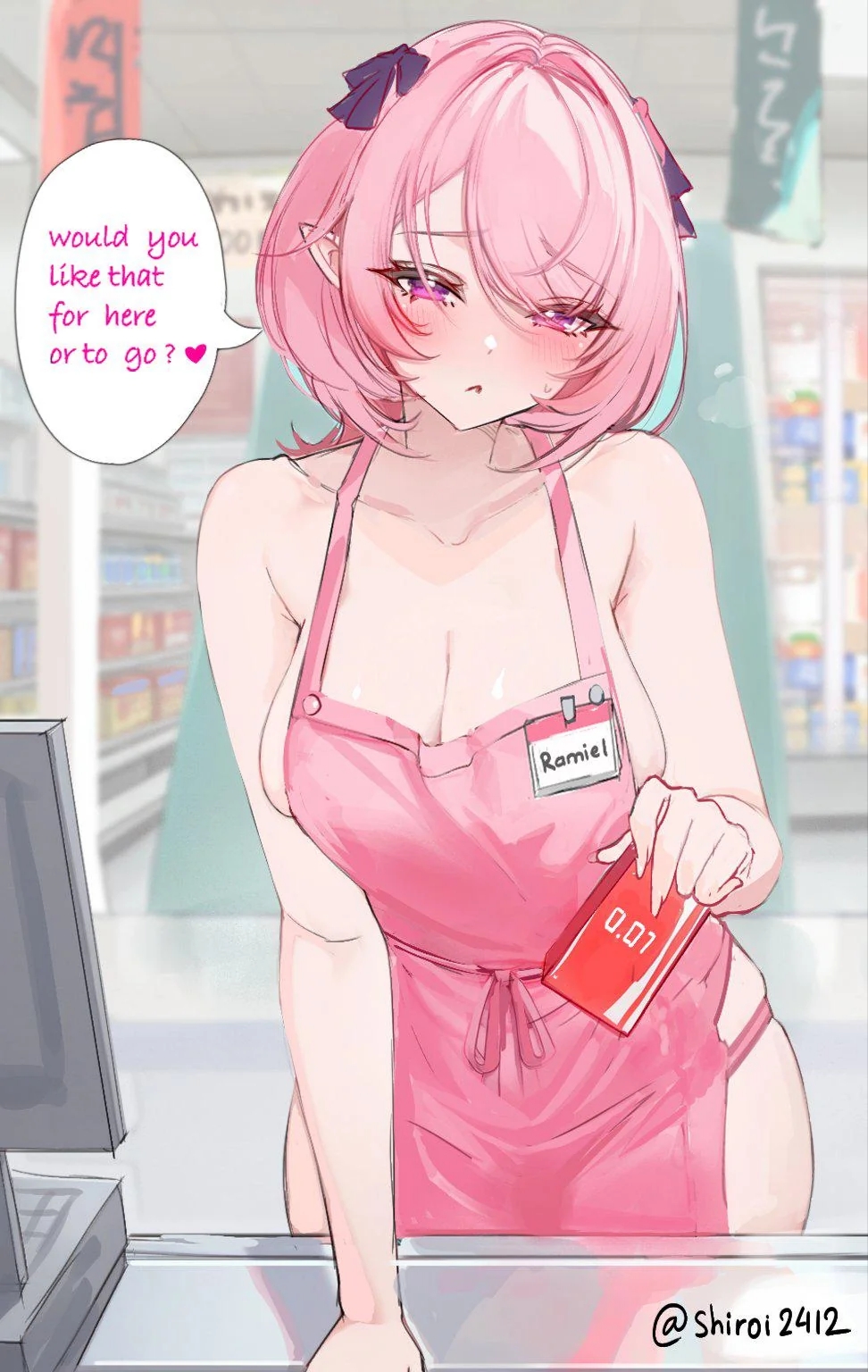 1girl, big breasts, cashier, condom box, long nails, pink eyes, pink hair, remielle (zenless zone zero), remielle dan, short hair, solo, solo female, solo focus, zenless zone zero