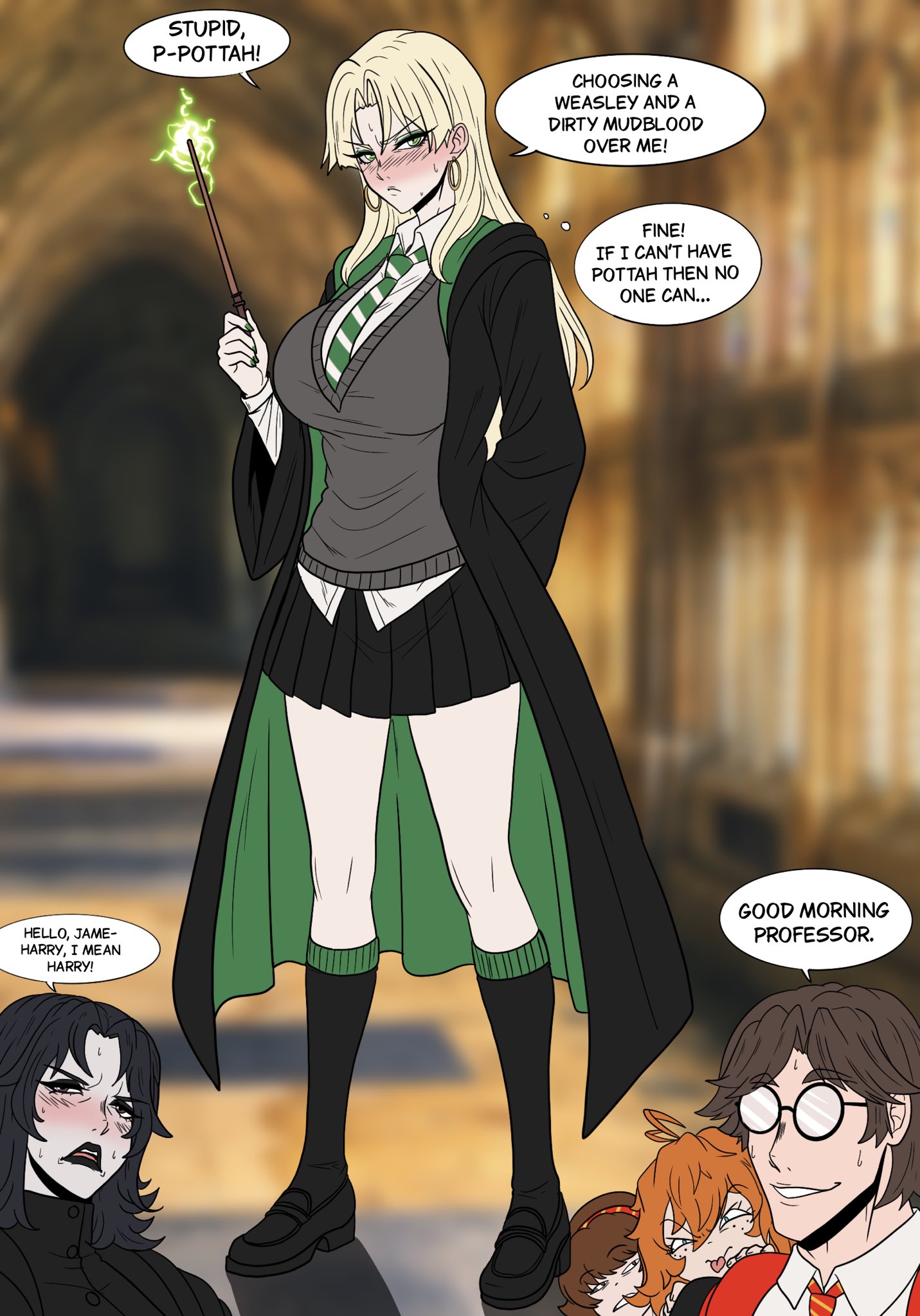 1boy, 3girls, big ass, big breasts, big thighs, blonde female, blonde hair, breasts, curvaceous, curvy, curvy figure, digital media (artwork), draco malfoy, draco malfoy (redteneri), female, genderswap, genderswap (mtf), ginger, ginger female, ginger hair, harry james potter, harry potter, hermione granger, hips, hourglass figure, huge ass, huge breasts, huge thighs, large ass, large breasts, large thighs, legs, light skin, light-skinned female, male, male/female, mature, mature female, ninja-8004, ron weasley, rule 63, severus snape, slim waist, thick, thick hips, thick legs, thick thighs, thighs, voluptuous, waist, wide hips, witch, witch (harry potter), wizarding world