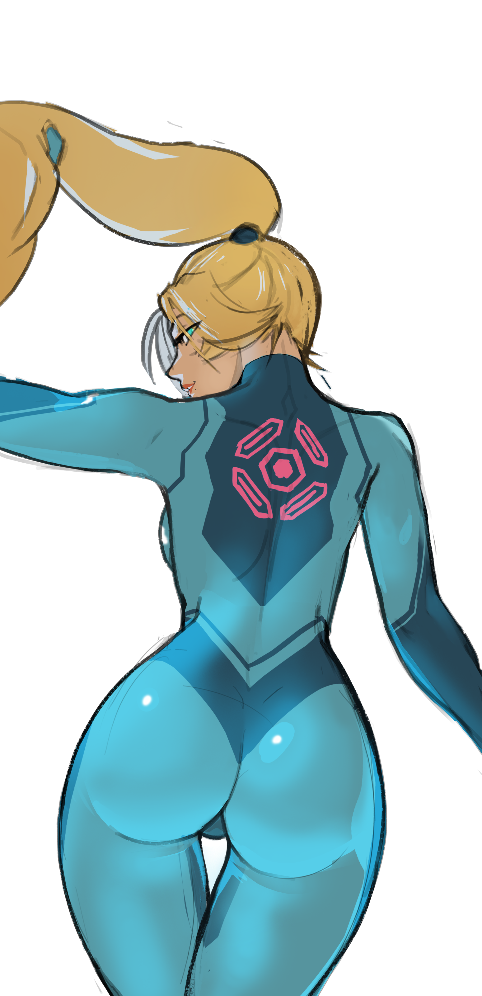 aqua eyes, ass, back, back view, blonde hair, bodysuit, clothed, female, from behind, hair aside, kenjanoishi, looking at viewer, looking over shoulder, metroid, mole under mouth, nintendo, png, ponytail, pose, raised arm, samus aran, sketch, skin tight, smile, solo, white background, zero suit samus