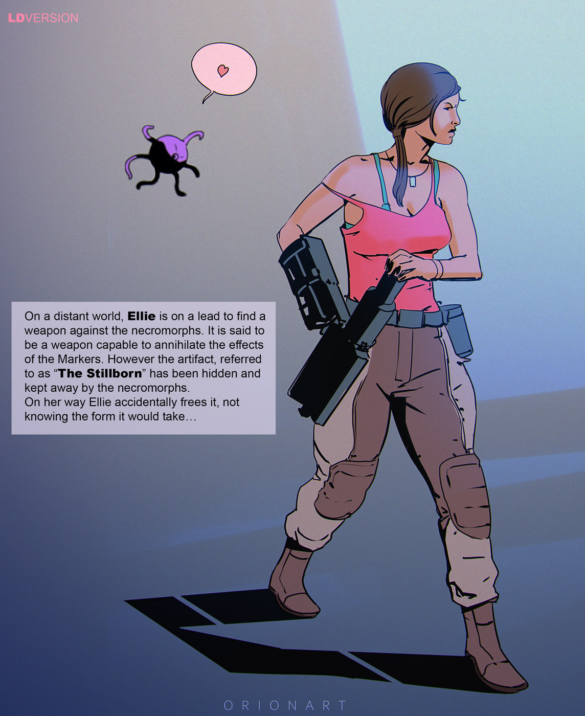 brown hair, cleavage, clothing, dead space, ellie langford, english text, female, long hair, orionart, story, text