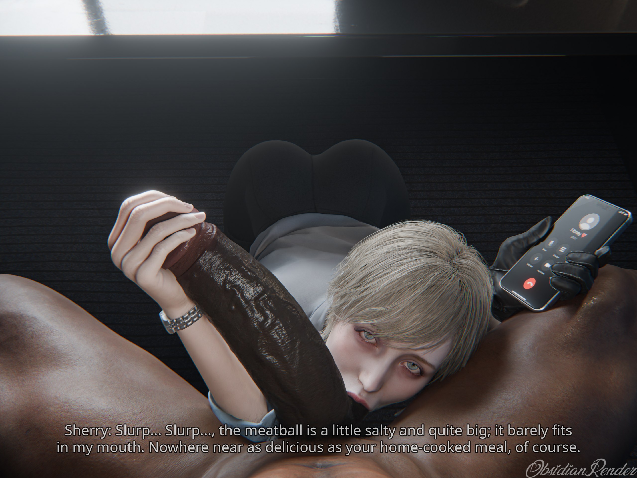 1boy, 1girls, 3d, ass up, ball sucking, balls in mouth, big penis, blonde hair, blue eyes, capcom, cellphone, clothed female nude male, dark skin, dark-skinned male, dialogue, english text, gloved hands, hand on penis, hi res, interracial, light-skinned female, looking at viewer, male pov, obsidianrender, pov, pov eye contact, resident evil, resident evil 9: requiem, seductive look, sherry birkin, short hair, text