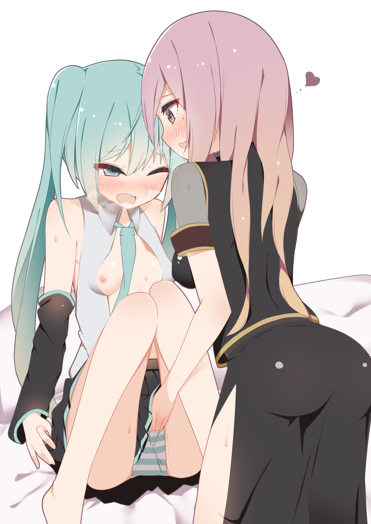 2girls ahe_gao blue_eyes blue_hair blush detached_sleeves fingering giryu hatsune_miku heart long_hair long_skirt megurine_luka multiple_girls necktie on_bed open_clothes open_shirt panties pink_hair skirt twintails underwear vocaloid yuri