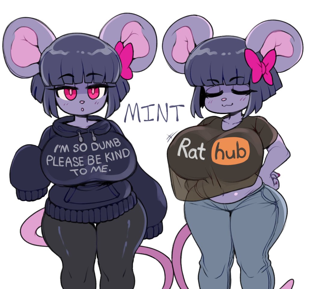 :3, 1girls, anthro, ass, bangs, breasts, closed eyes, dizzyspells, english text, eyes closed, female, female focus, female only, furry, grey hair, hair bow, hair ribbon, hips, hyper, hyper breasts, jacket, large ass, large breasts, loose clothes, midriff, mint (dizzyspells), oversized clothes, pornhub, rat, red eyes, rodent, rodent humanoid, shortstack, text, thick thighs, thighs, wide hips