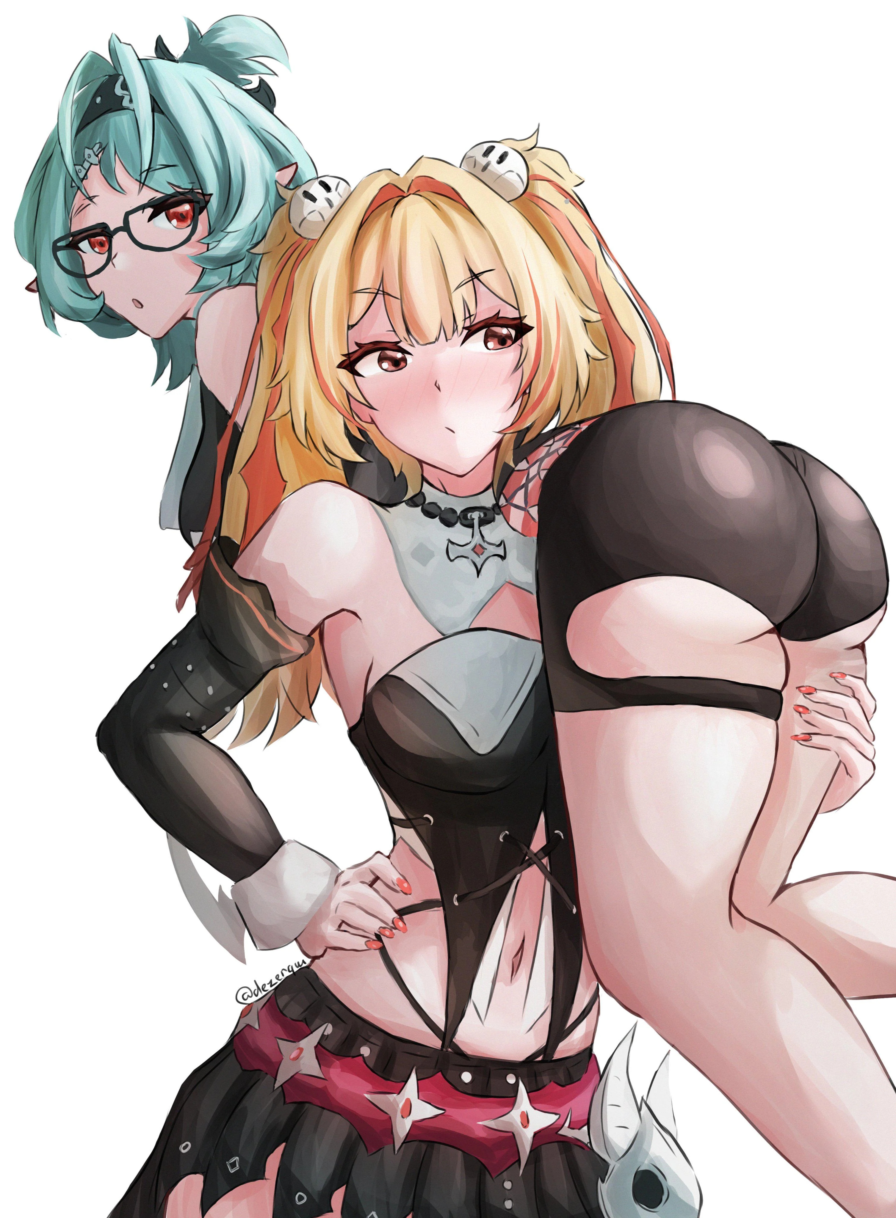2girls, ass, big ass, big butt, carrying, carrying over shoulder, carrying partner, claret flint, colored nails, long hair, long nails, medium ass, medium breasts, multiple girls, nonsexual, painted nails, red nails, roxy ifrita pryce, short hair, thick thighs, zenless zone zero
