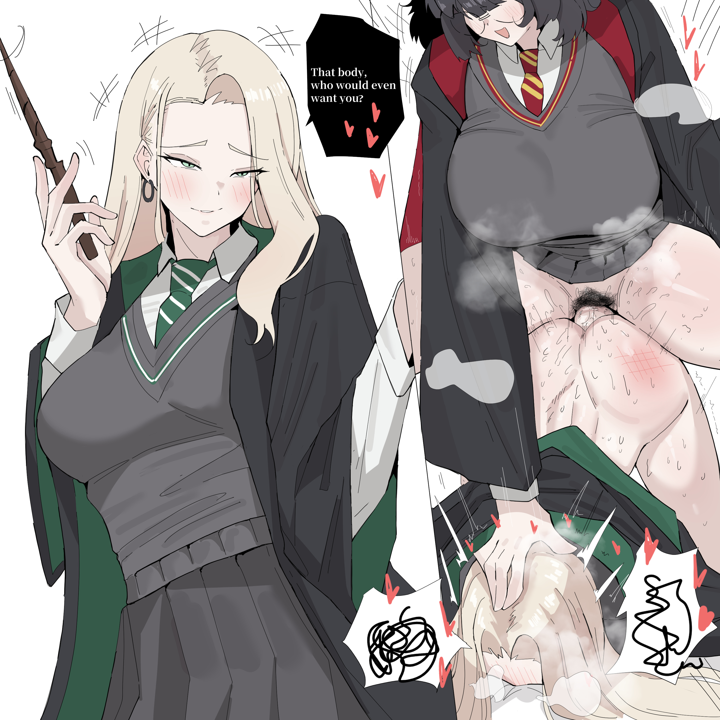 1futa, 1girls, 2d, 2d (artwork), ass, ass up, big breasts, blonde female, blonde hair, bottomless, bottomless futa, breasts, dialogue, doggy style, doggystyle, draco malfoy, draco malfoy (redteneri), earrings, english text, face down ass up, female, female penetrated, femsub, fidget4827, futa on female, futadom, futanari, genderbend, genderswap, genderswap (mtf), green eyes, harry james potter, harry potter, hi res, hoop earrings, large breasts, light skin, light-skinned female, light-skinned futa, penetration, penis, pussy, rule 63, school uniform, sex, sex from behind, text, top-down bottom-up, uncensored, vaginal penetration, vaginal sex, wand