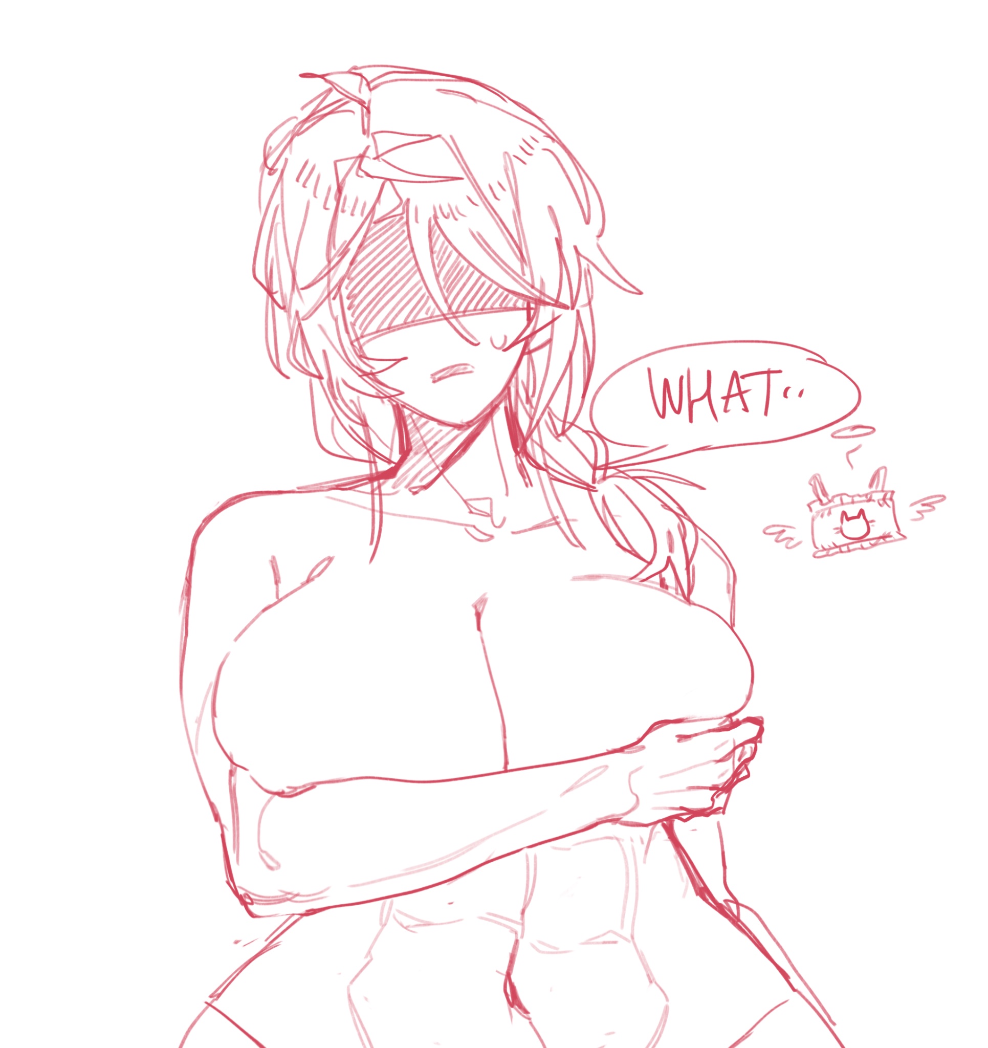 1girls, 2d, 2d (artwork), abs, big breasts, breast grab, breasts bigger than head, cleavage, cleavage focus, cleavage overflow, covering, covering breasts, eyes covered, eyes not visible, forsaken (roblox), hips, hips wider than shoulders, holding breasts, huge breasts, jane doe (forsaken), nervous, nude, nude female, roblox, roblox game, robloxian, sketch, solo, solo female, solo focus, speech, speech bubble, supporting breasts, sweatdrop, tagme (artist), text, text bubble, wide hips