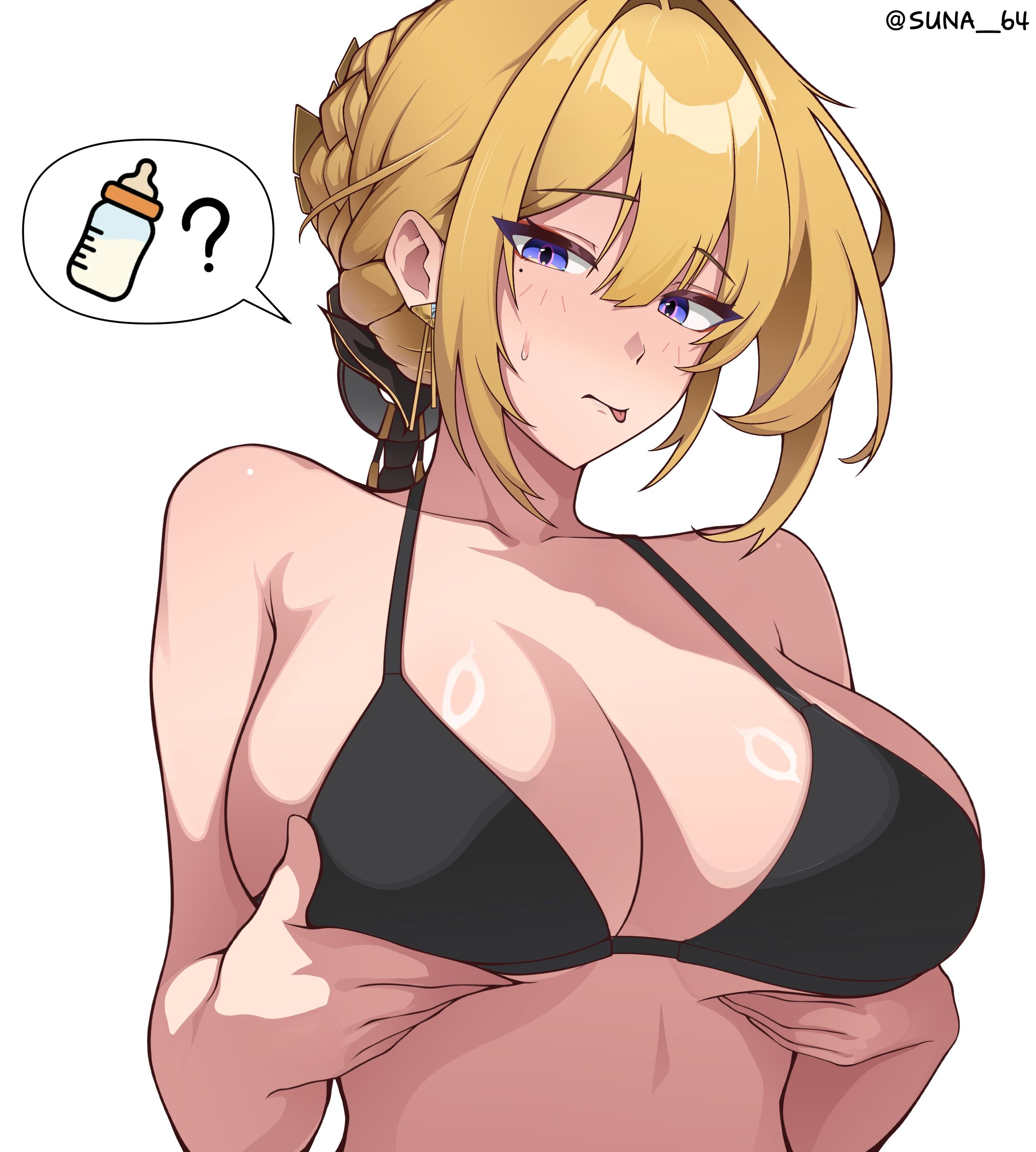 1girl, artist name, big breasts, bikini top, breasts, evelyn chevalier, hands on own breasts, long hair, solo, solo female, solo focus, zenless zone zero