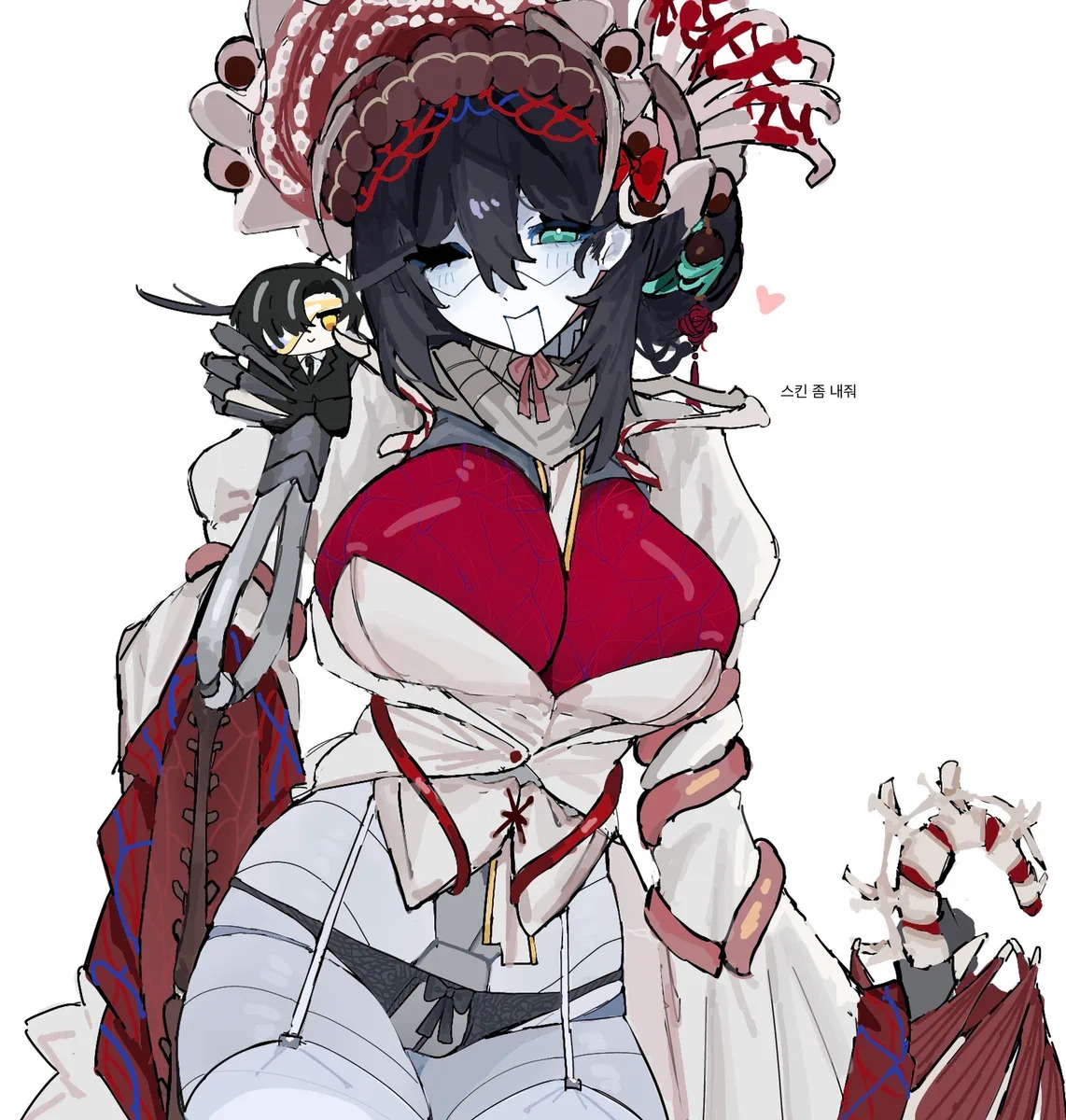 1girl, 1girls, 2d, 2d (artwork), 2d art, accessories, accessory, artwork (digital), cleavage, clothed, color, colored, crotchless panties, digital art, digital artwork (media), digital drawing, digital drawing (artwork), digital media, digital media (artwork), dress, flesh, garter belt leggings, garter belt socks, garter straps, gore dress, headwear, holding object, holding plush, holding plushie, hong lu (limbus company), hong lu (project moon), honglulove, intricate details, intricate ornament, jade eyes, limbus company, massive breasts, mechanical, mechanical body, missing eye, nerves, ouvert, plushie, project moon, ribbon, ribbon in hair, ribbon on neck, ribbons, ring nursefather id, robot girl, rule 63, skeletal arm, skeletal hand, tagme, thick thighs, umbrella, veins, yi sang (limbus company), yi sang (project moon)