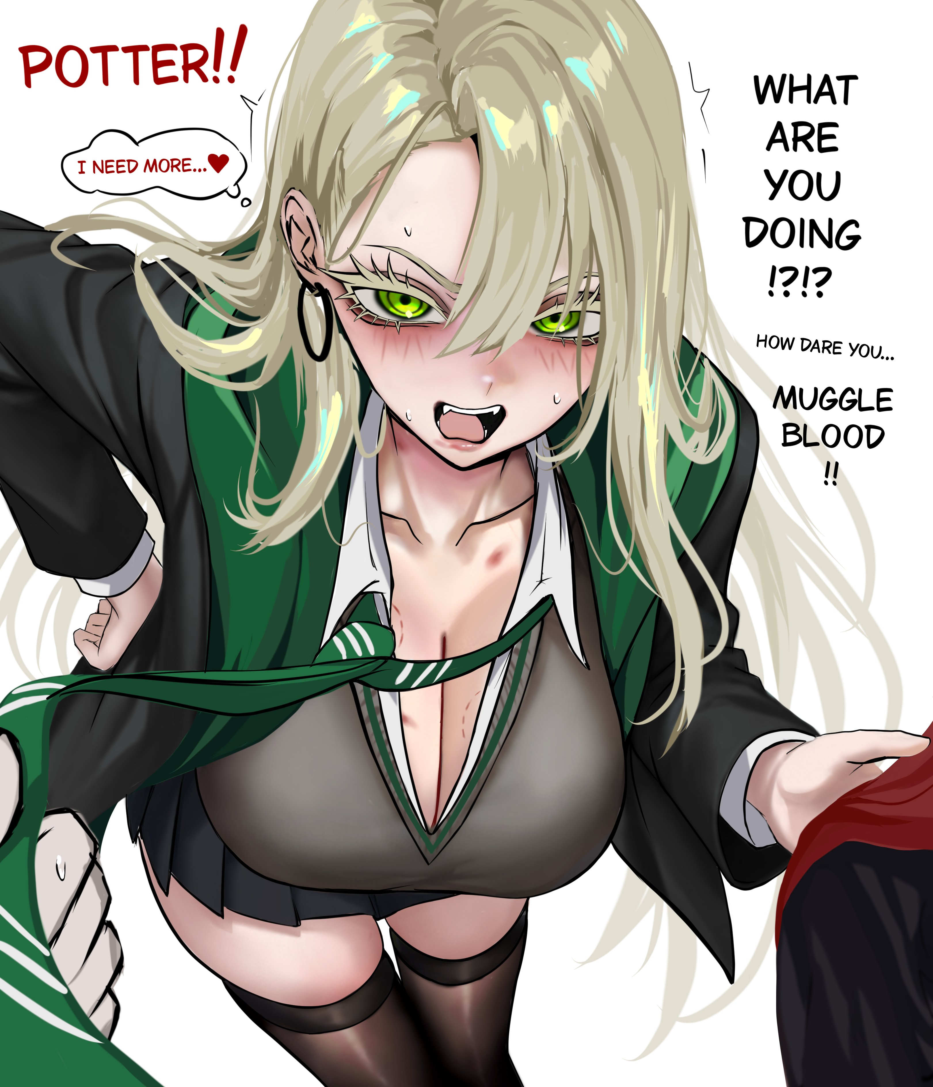 1boy, 1girls, breasts, day-0, draco malfoy, draco malfoy (redteneri), female, female focus, genderswap, harry james potter, harry potter, large breasts, light skin, light-skinned female, looking at viewer, panties, rule 63, school uniform, skirt, thick thighs, thighs, wide hips