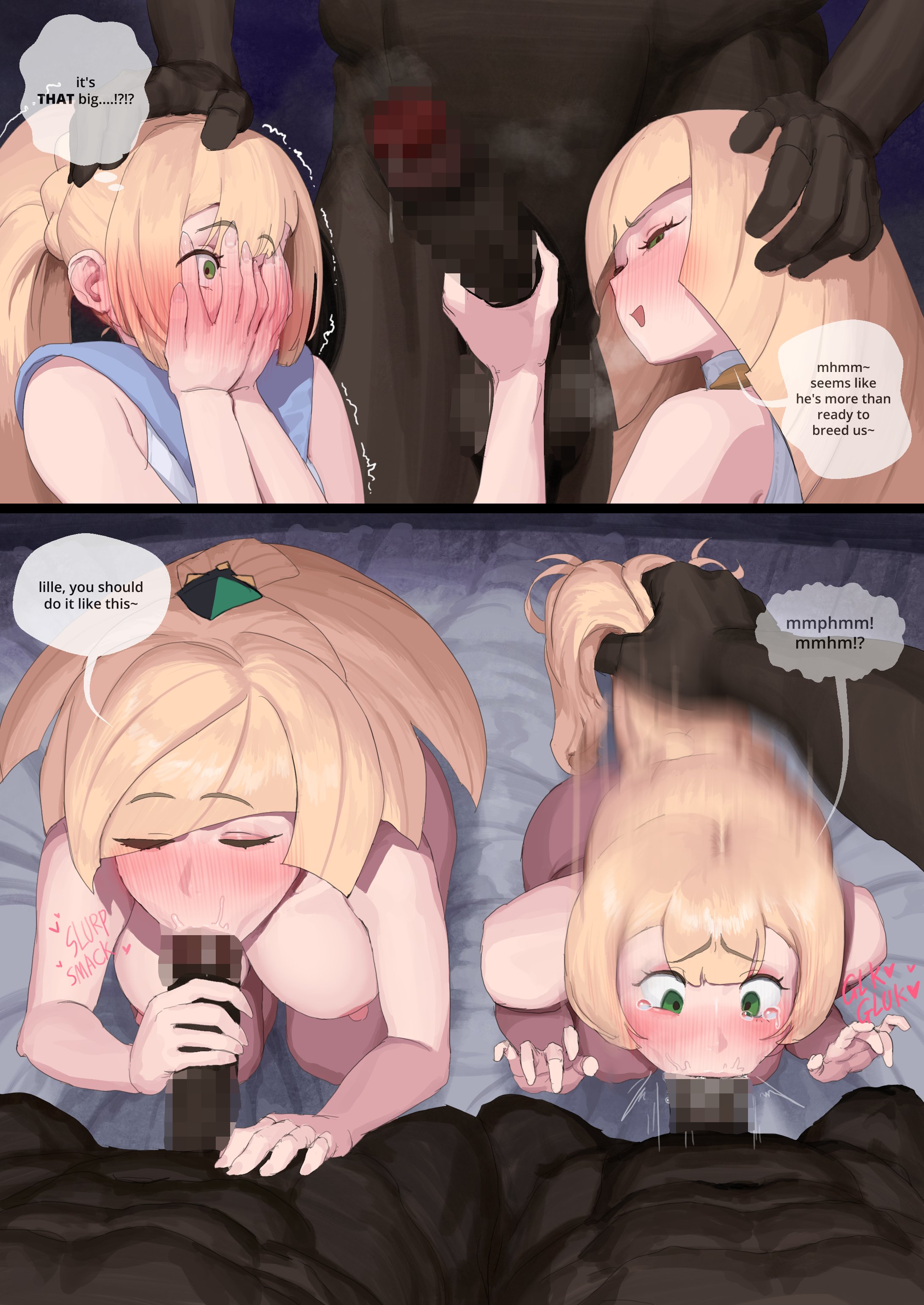 2girls, big penis, blonde female, blonde hair, blowjob, censored, comic, dark skin, dark-skinned male, english text, fellatio, female, foursome, green eyes, handjob, interracial, light skin, light-skinned female, lillie (pokemon), long hair, lusamine (pokemon), milf, mother and daughter, oral, penis awe, pokemon, pokemon sm, ponytail, pov, sex, speech bubble, text, wjs07