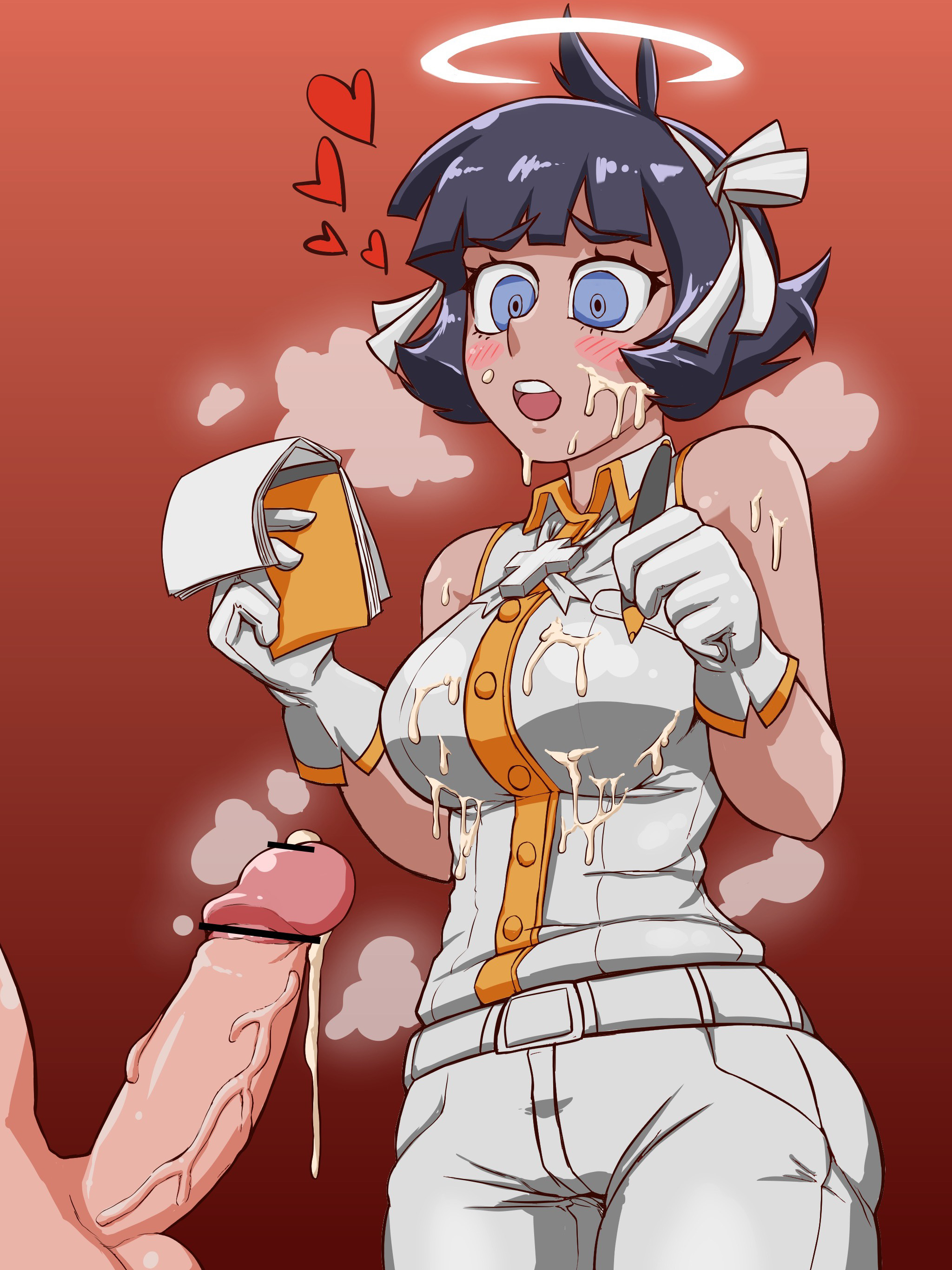 angel, azazel (helltaker), big penis, blush, censor bar, censored, clothed, clothing, cum, cum on clothes, cum on face, female, gloves, halo, helltaker, light skin, light-skinned male, looking at penis, male, open mouth, penis, penis awe, red background, short hair, vein, veiny penis, white gloves