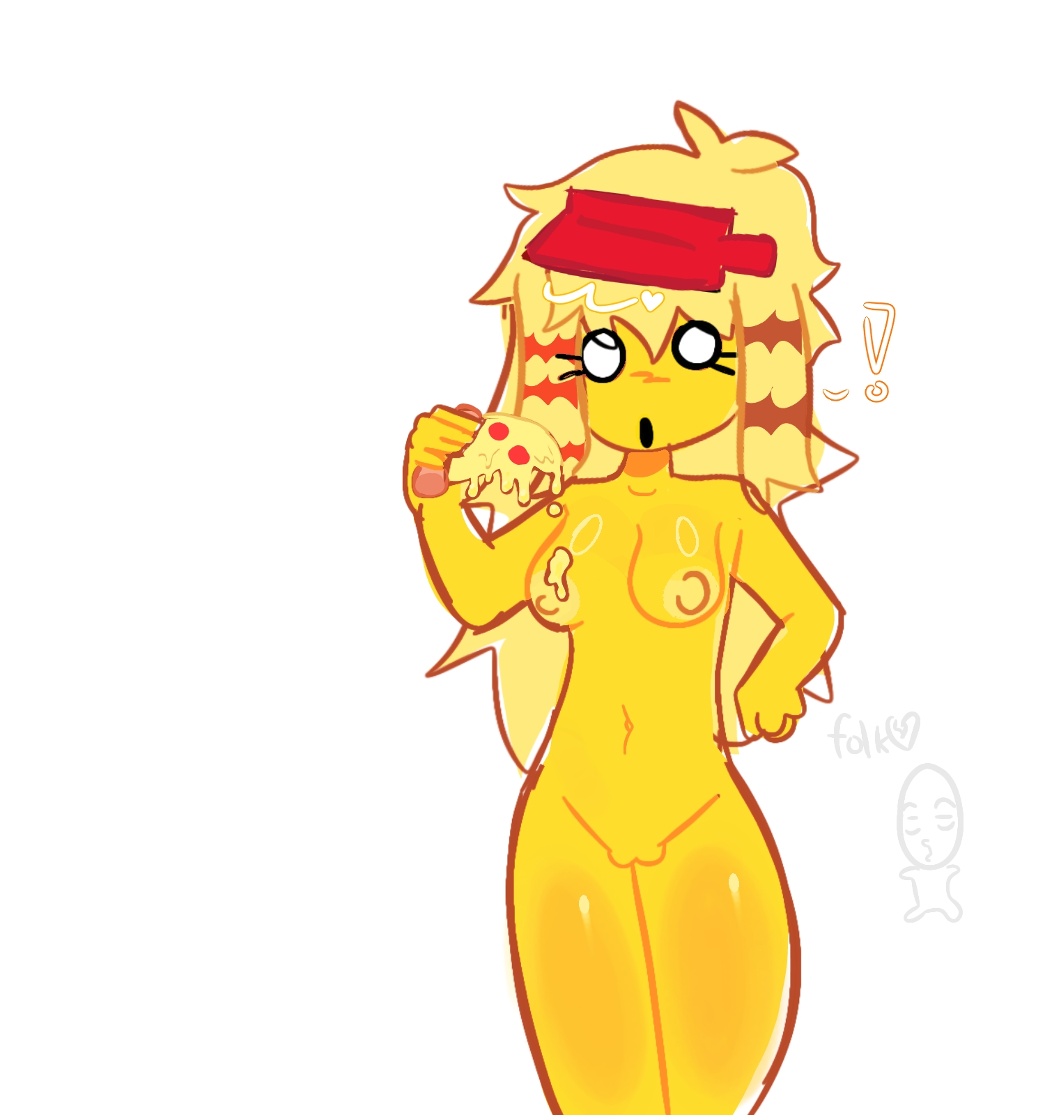 0 0, 1girls, completely nude, dripping, elliot (forsaken), elliot (work at a pizza place), female only, forsaken (roblox), holding object, holding pizza, maiotheany, melting, nude, pizza slice, roblox, roblox game, robloxian, scene hair, scenecore elliot, self upload, simple background, simple eyes, simple shading, small breasts, solo, thick thighs, yellow body