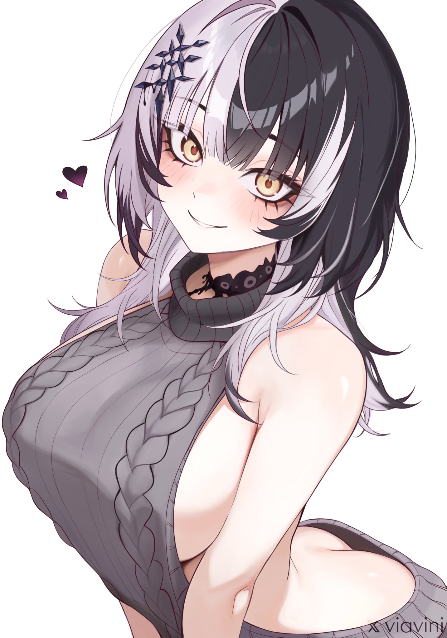 1girls, ass, back, bare back, black and white hair, black hair, butt, butt crack, female, goth, hololive, hololive english, hololive english -advent-, looking at viewer, shiori novella, sideboob, solo, two-tone hair, virgin killer sweater, virtual youtuber, vtuber, white hair