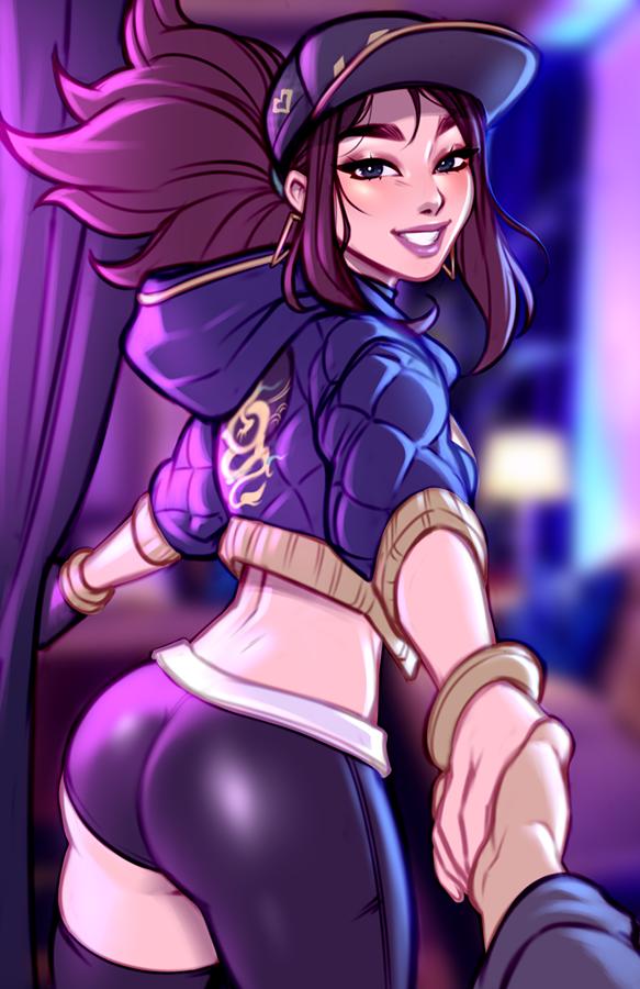 1girls, akali, alternate costume, ass, blushypixy, blushyspicy, bubble ass, bubble butt, female, k/da akali, k/da series, league of legends, looking at viewer, looking back, solo focus, unknown character
