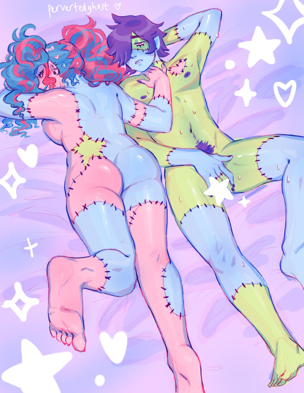 1boy ass duo feet female lying multicolored_skin nude r18ghost star_censor stitched stitches twintails