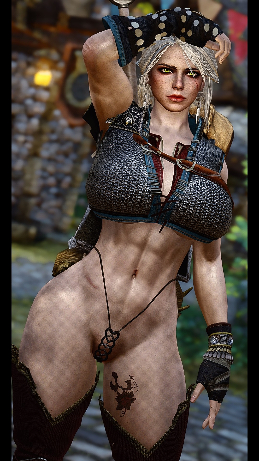 3d, bethesda softworks, bikini armor, breasts, cd projekt red, ciri, cleavage, crossover, female, green eyes, huge breasts, medium hair, mod, muscular, muscular female, outdoors, scar, skyrim, the elder scrolls, the witcher (series), the witcher 3: wild hunt, thick thighs, thong, white hair