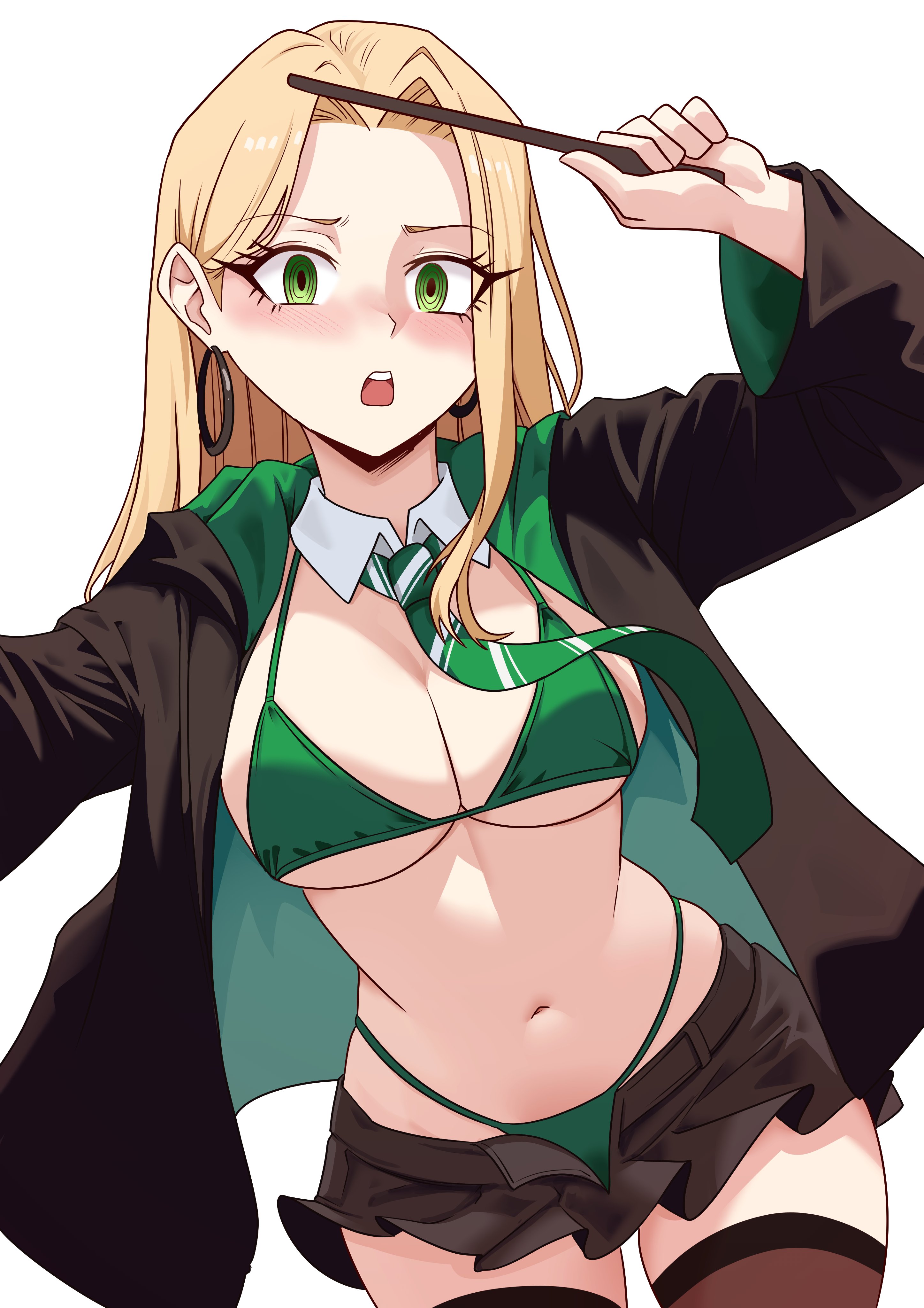 1girls, artist request, breasts, draco malfoy, draco malfoy (redteneri), female, female focus, female only, genderswap, harry potter, large breasts, light skin, light-skinned female, looking at viewer, rule 63, school uniform, solo, thick thighs, thighs, wide hips
