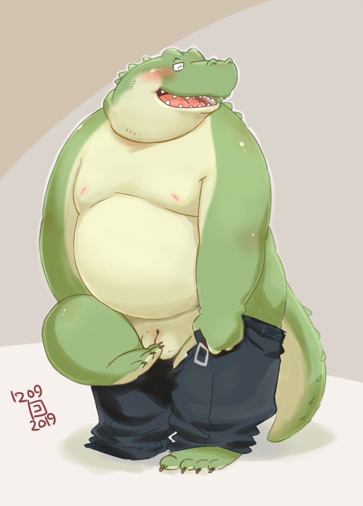 2019 animal_genitalia anthro belly belt blush bottomwear cloaca closed_eyes clothed clothing crocodilian dressing genital_slit male male_only nipples open_mouth overweight pants pants_around_one_leg pants_down partially_clothed reptile scalie simple_background slit smile solo totemoii_029