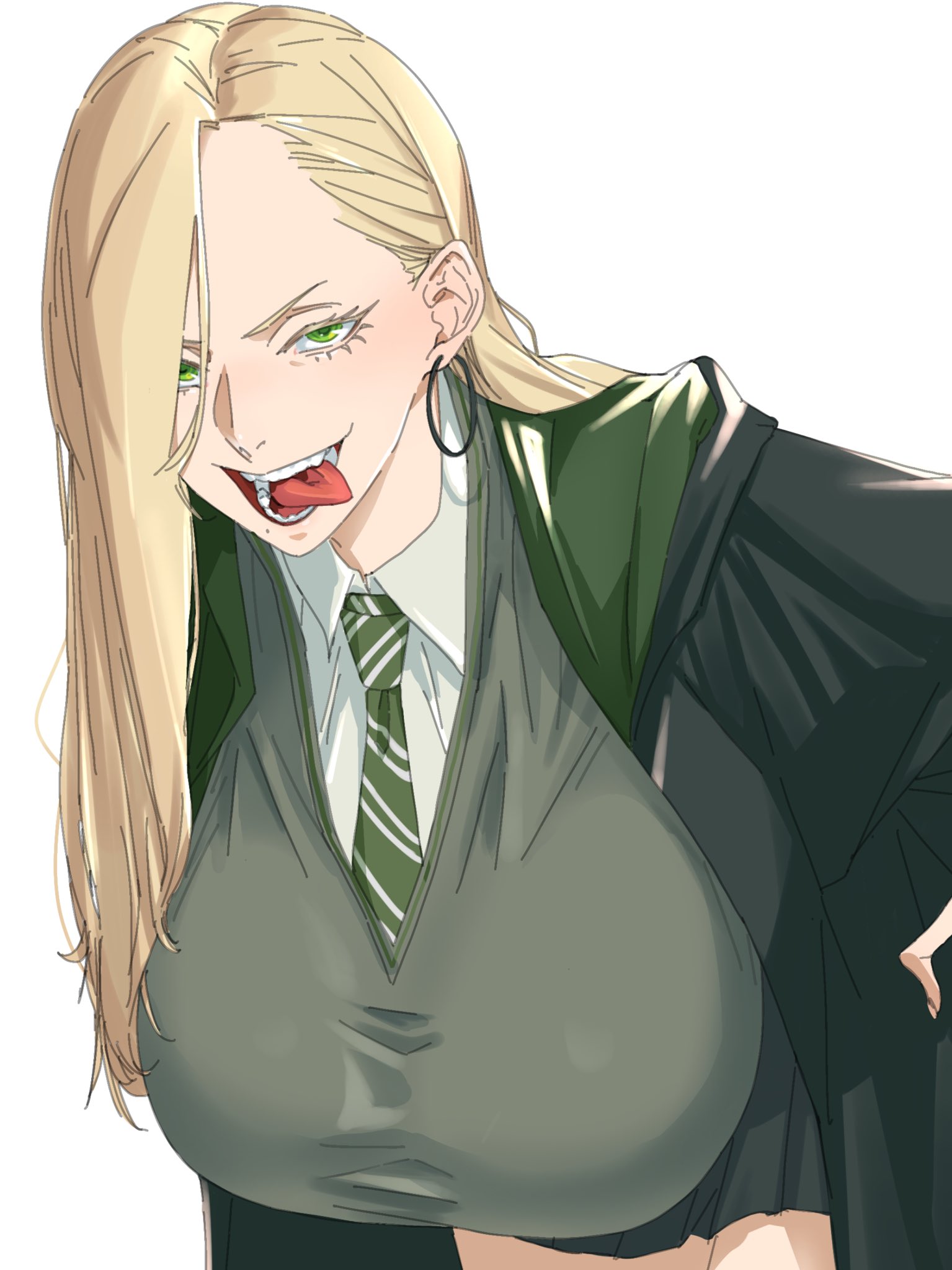 blonde hair, breasts, draco malfoy, draco malfoy (redteneri), female, female only, genderswap, genderswap (mtf), green eyes, harry potter, hoop earrings, huge breasts, long hair, looking at viewer, mattsunart, naughty face, school uniform, sharp teeth, slytherin