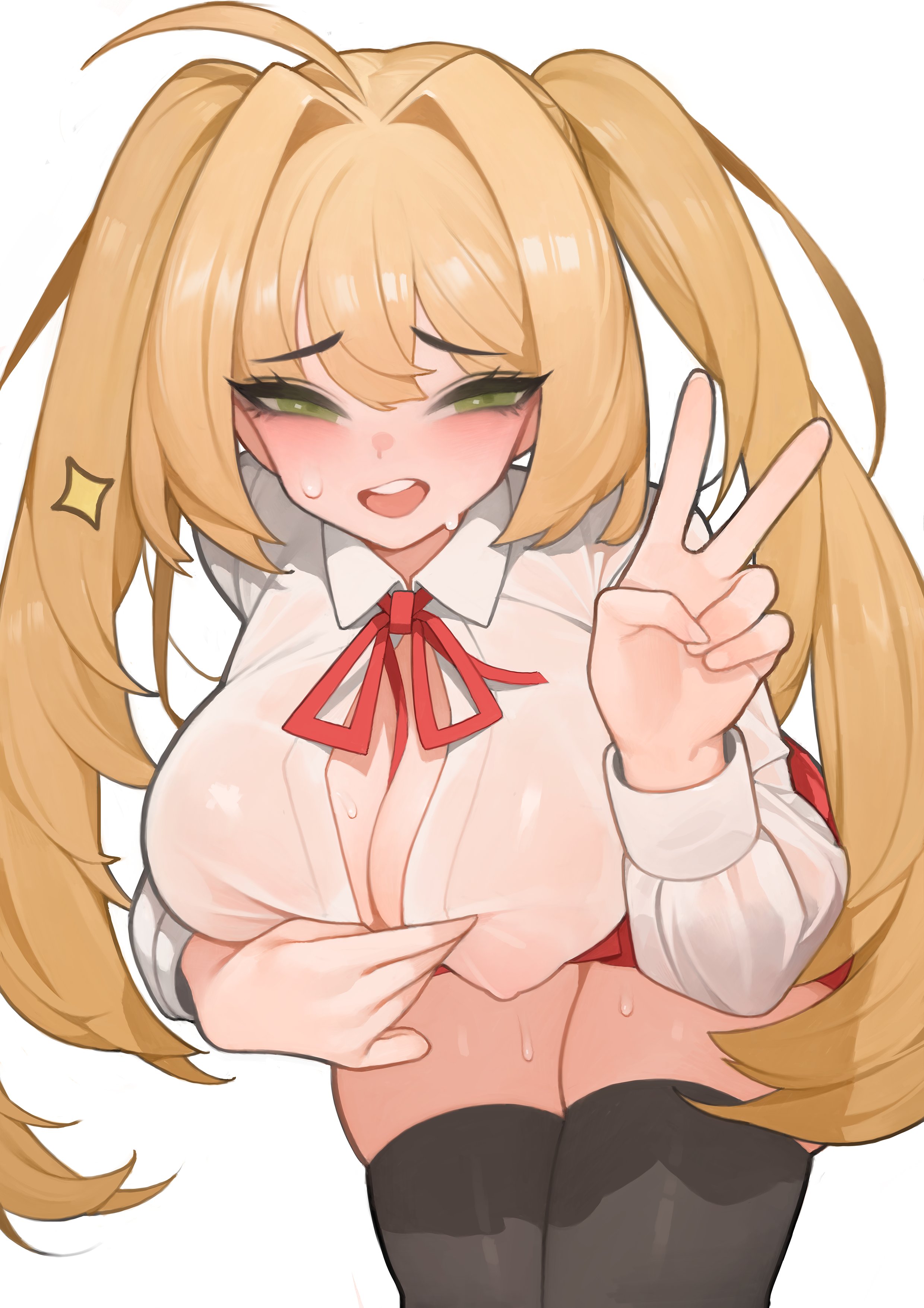 bent over, blonde hair, breasts, cleavage, erection under clothes, fate (series), female, green eyes, huge breasts, long hair, looking at viewer, nero claudius (fate), open mouth, rabbit (wlsdnjs950), solo, twintails, v, wet, wet clothes, white background
