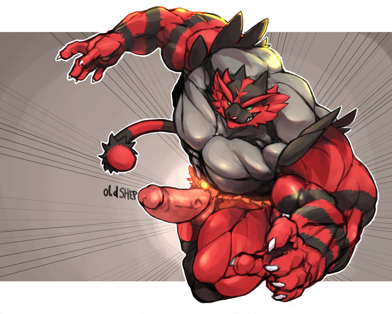 2019 5:4 5_fingers abs action_pose back_muscles biceps big_muscles black_body black_fur claws erection fingers fire fur glans green_eyes grey_body grey_fur huge_muscles humanoid_penis hyper hyper_muscles incineroar looking_at_viewer male male_only muscular muscular_male navel nintendo nude oldshep pecs penis perspective pink_balls pink_glans pink_penis pokémon_(species) pokemon pokemon_sm pose quads red_body red_fur red_nose simple_background smile solo solo_male striped_body striped_fur striped_tail stripes triceps video_games