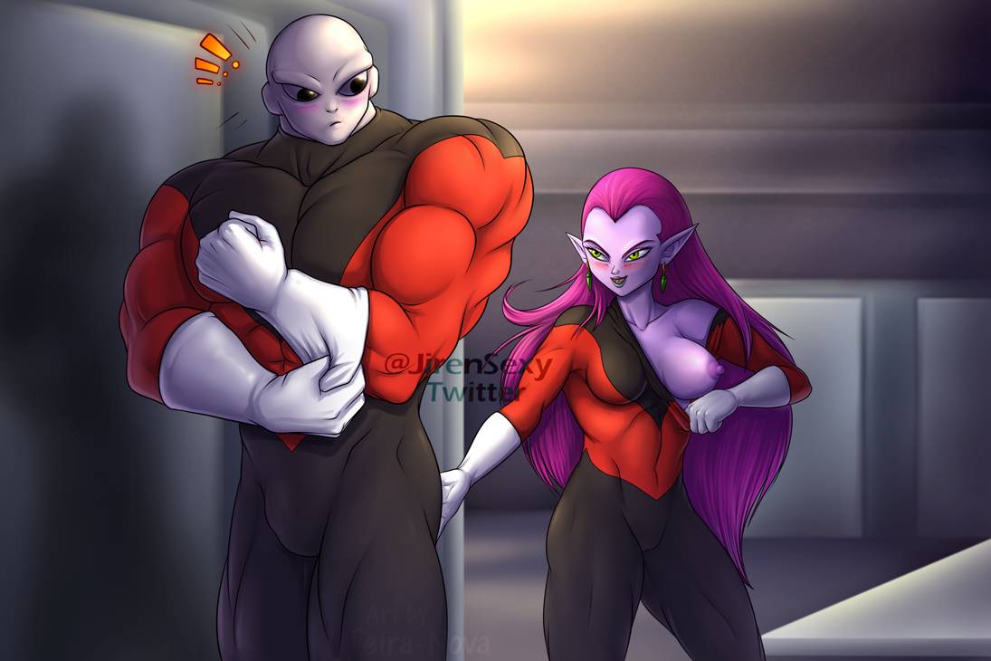 ass_slap blue_skin blush breasts bulge clothed clothed_female clothed_male clothing cocotte dragon_ball dragon_ball_super earrings erect_nipple female jiren male muscular muscular_male nipple open_mouth pink_hair pointy_ears short_hair unknown_artist yellow_eyes