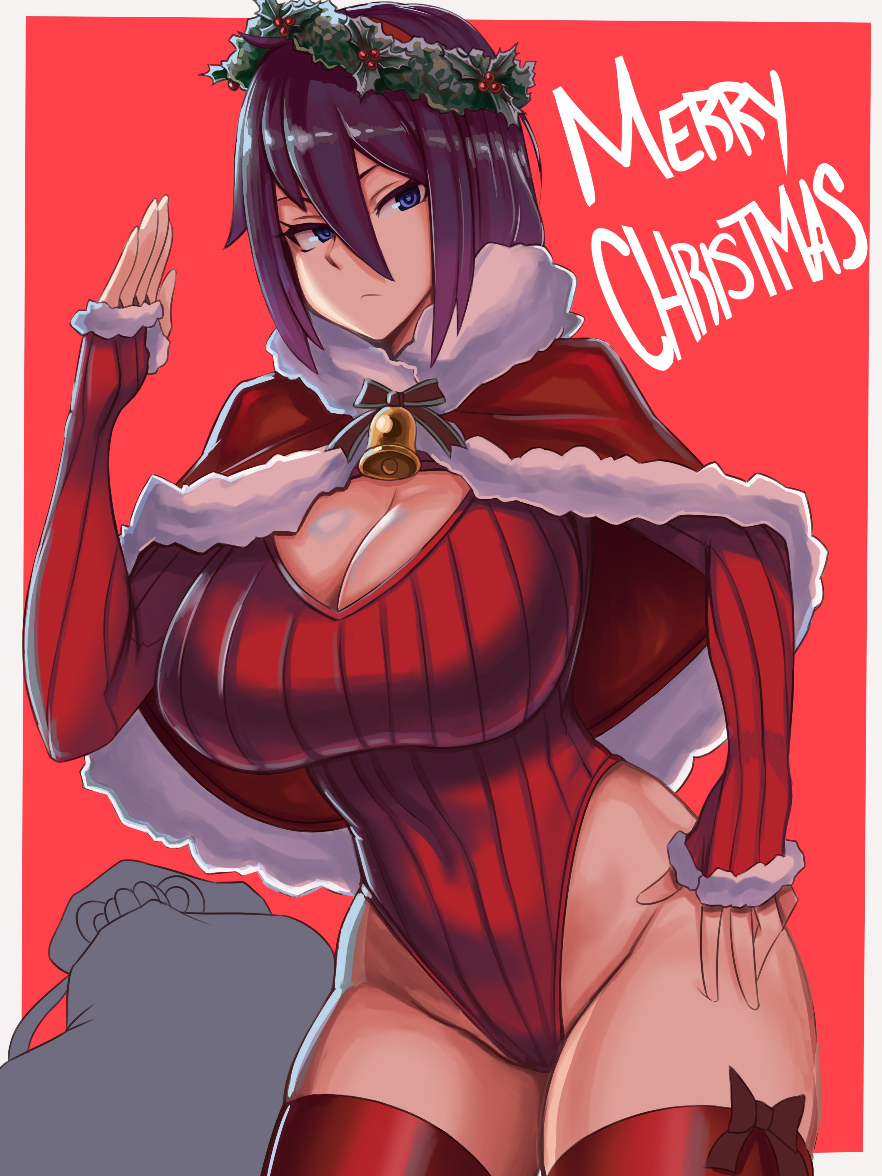 bell collar, blue eyes, breasts, christmas outfit, cleavage, crown, female, hair ornament, huge breasts, looking at viewer, mel (standby), original, purple hair, serious, short hair, standby, thong leotard
