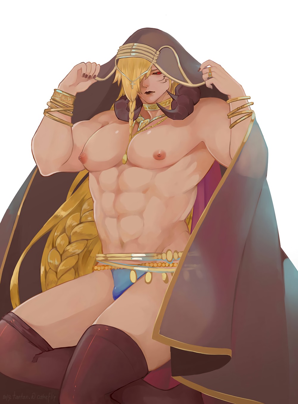 abs ambush_(trap) androgynous beelzebub_(granblue_fantasy) blonde_hair braid bulge cape cleavage granblue_fantasy hair_over_one_eye jewelry long_hair male male_only muscles muscular_male muscular_trap nipples oketan pecs red_eyes solo tantan topless trap