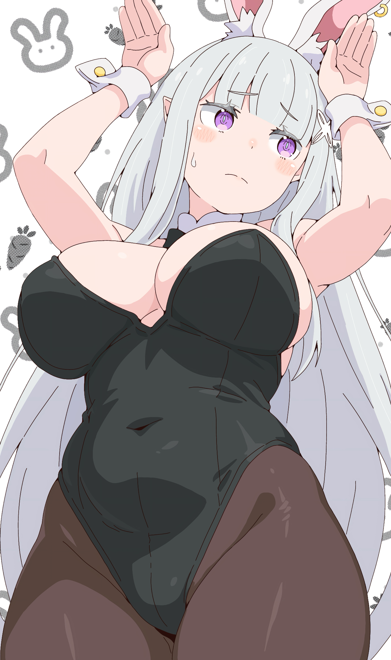 1girls, belly, breasts apart, bunny ears, bunny girl, cleavage, elf, elf ears, elf female, emilia (re:zero), hips wider than shoulders, large breasts, low-angle view, re:zero kara hajimeru isekai seikatsu, silver hair, solo, standing, thick thighs