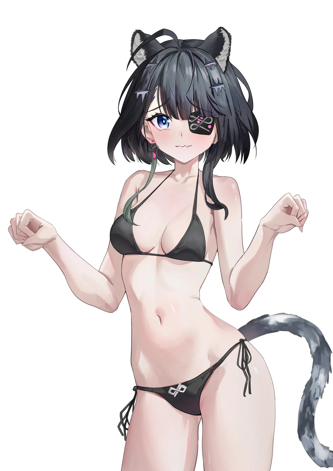 1girl, animal ears, arknights, arknights: endfield, bikini, eyepatch, long hair, snow leopard ears, snow leopard tail, solo, solo female, solo focus, tangtang (arknights: endfield)