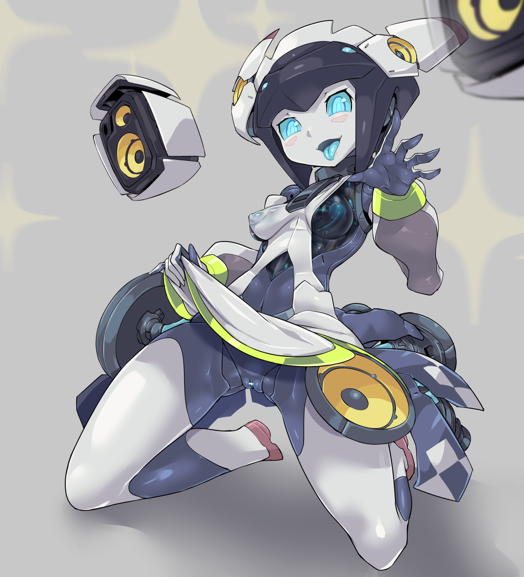 1girls, acoustic monster, blue eyes, blue sclera, blue skin, blue tongue, blush, bra lift, breasts, censored, dia (world flipper), female, female only, grey background, heart, maid, maid uniform, metal, pochincoff, pussy, robot, shirt lift, skirt, skirt lift, small breasts, solo, speakers, star, tongue, tongue out, vagina, white skin, world flipper
