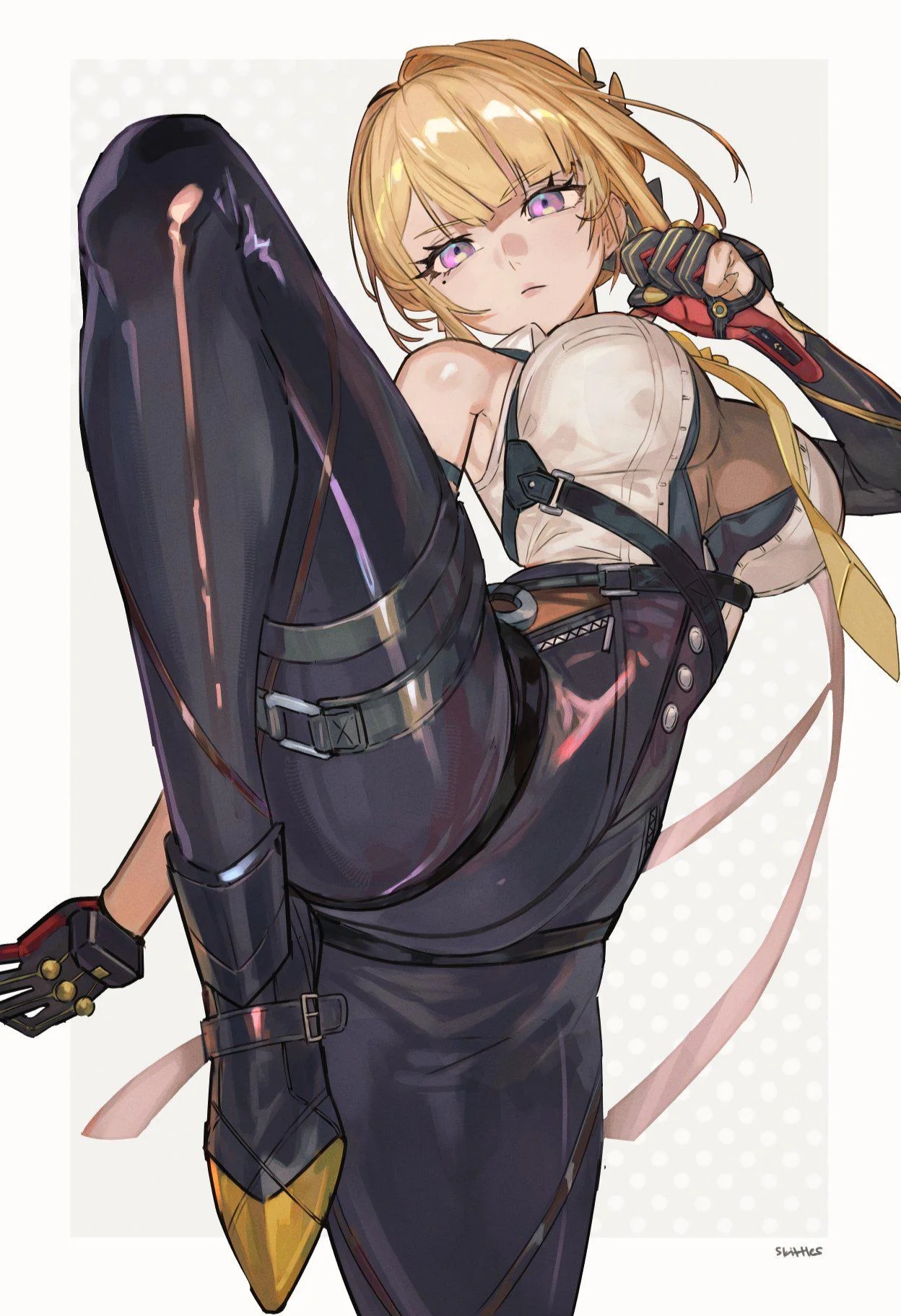 1girls, evelyn chevalier, fighting stance, long hair, solo, solo female, solo focus, standing on one leg, zenless zone zero