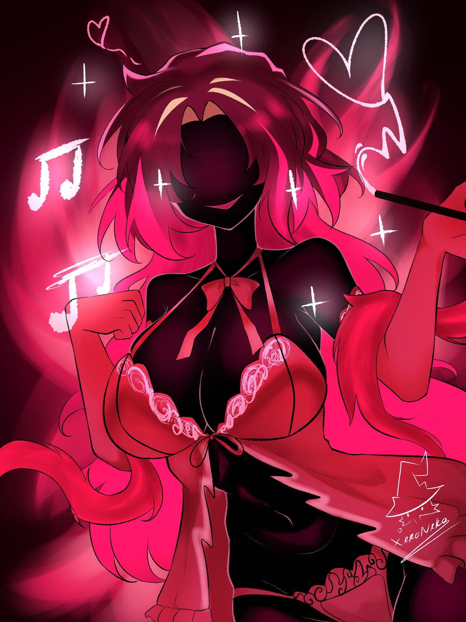 1girls, 2d, 2d (artwork), artist request, babydoll, belly, big breasts, black skin, breasts, colored skin, cowboy shot, distortion, distortion (project moon), elbow gloves, halter top, halterneck, heart, jeanne (limbus company), limbus company, lingerie, long hair, looking at viewer, musical note, navel, no eyes, open mouth, pink babydoll, pink gloves, pink hair, pink panties, project moon, solo, spoilers