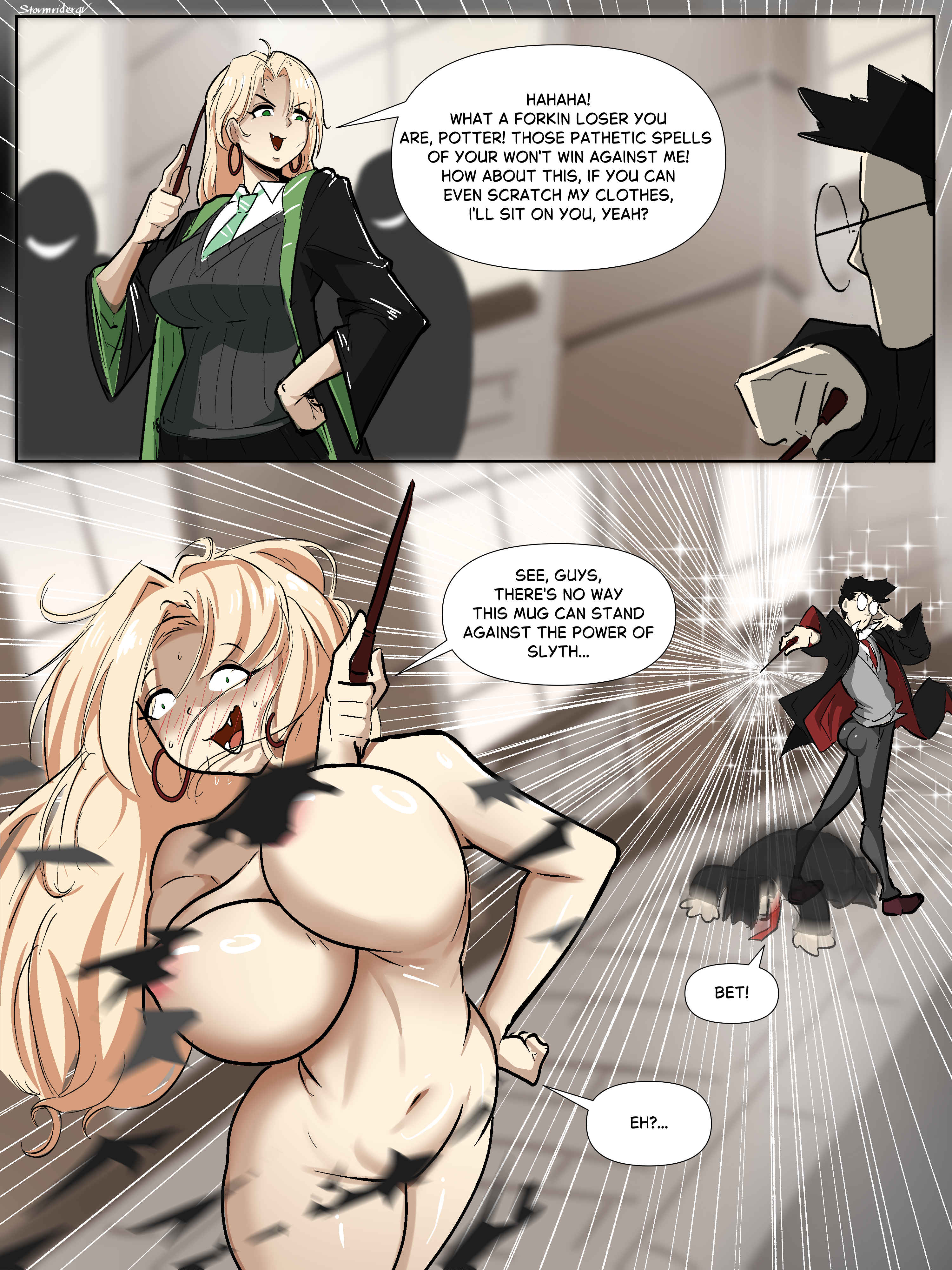1boy, 1girls, artist request, blonde hair, comic, draco malfoy, draco malfoy (redteneri), female, genderswap (mtf), harry james potter, harry potter, harry potter (series), light skin, light-skinned female, light-skinned male, male, text