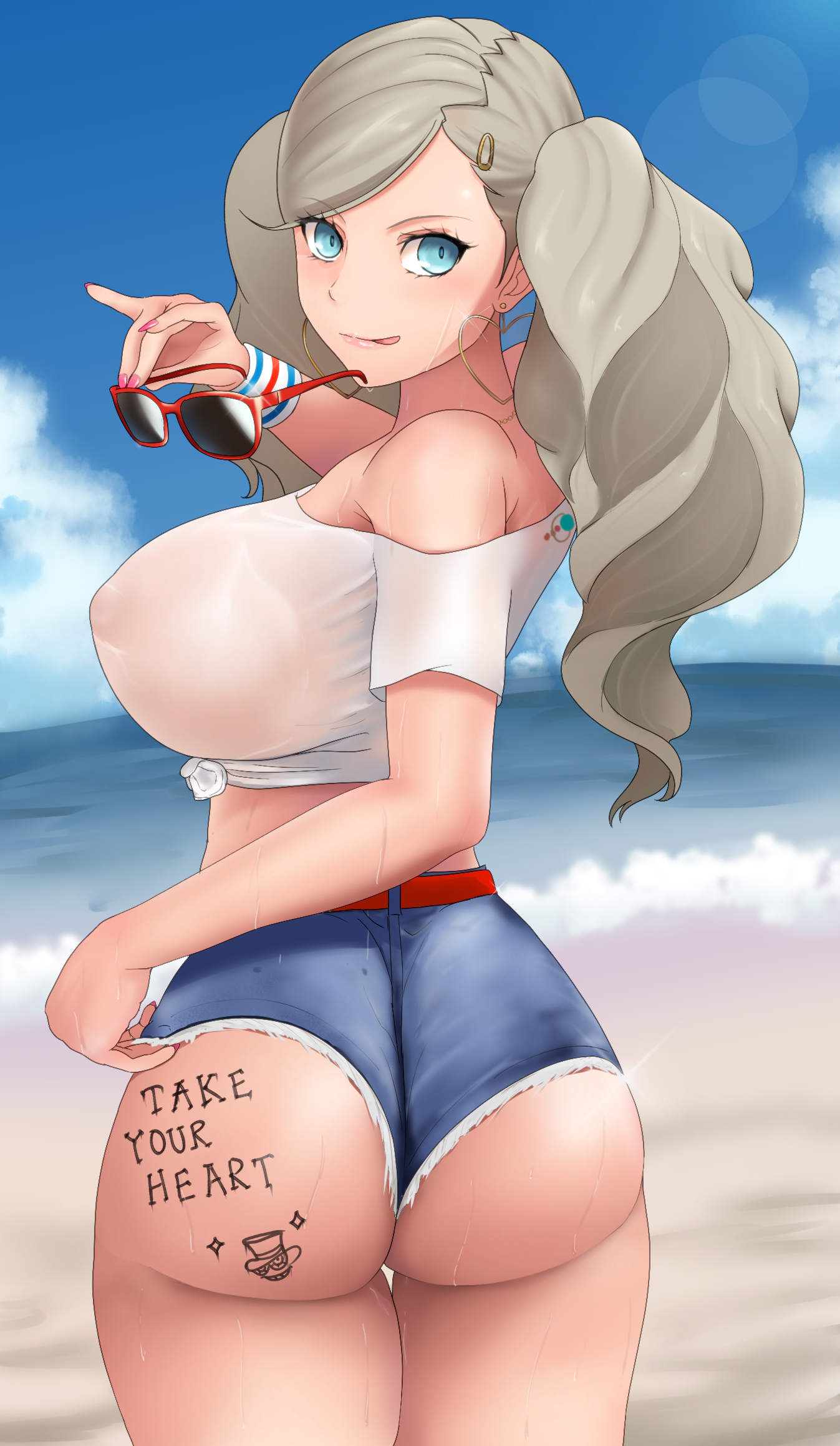 ann takamaki, ass, atlus, big ass, big breasts, blonde hair, blue eyes, body writing, breasts, earrings, eyewear removed, female, female only, holding sunglasses, nipples, nipples visible through clothing, otohukebonne, persona, persona 5, smile, solo, solo female, solo focus, sunglasses, sunglasses removed, twintails, wet, wet clothes, writing on ass